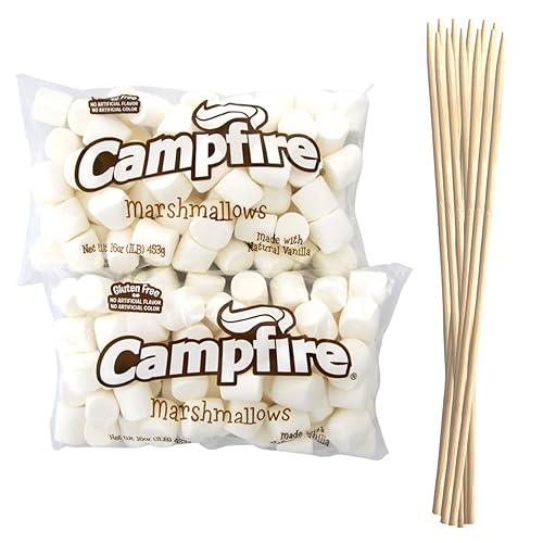 2 libras de malvaviscos blancos grandes con palitos para asar – Hecho con vainilla natural, sin sabores artificiales – Ideal para fogatas, S'Mores,