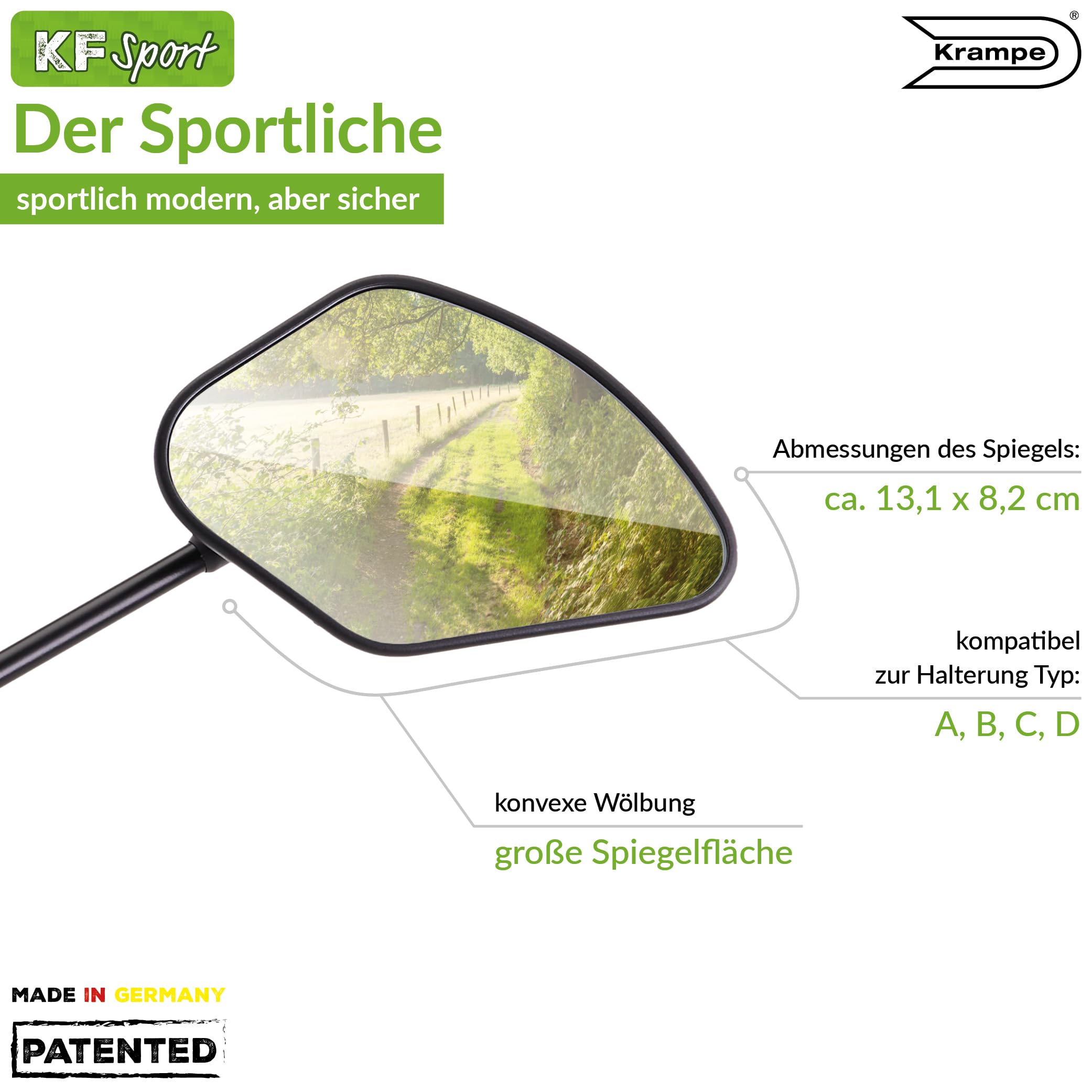 Krampe Fahrradspiegel "KF Sport Typ A"-Made in Germany, stabiler Rückspiegel für E-Bike & Fahrrad, individuell einstellbar, für linke und rechte Lenkerseite erhältlich