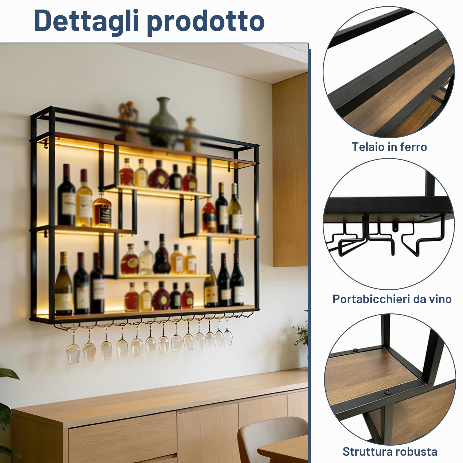 140cm Portabottiglie da Parete con luce LED, Metallo Porta Bottiglie Vino Con Portabicchieri, Grande Espositore per Bottiglie di Vino, Per Bar Domestico, Sala da Pranzo