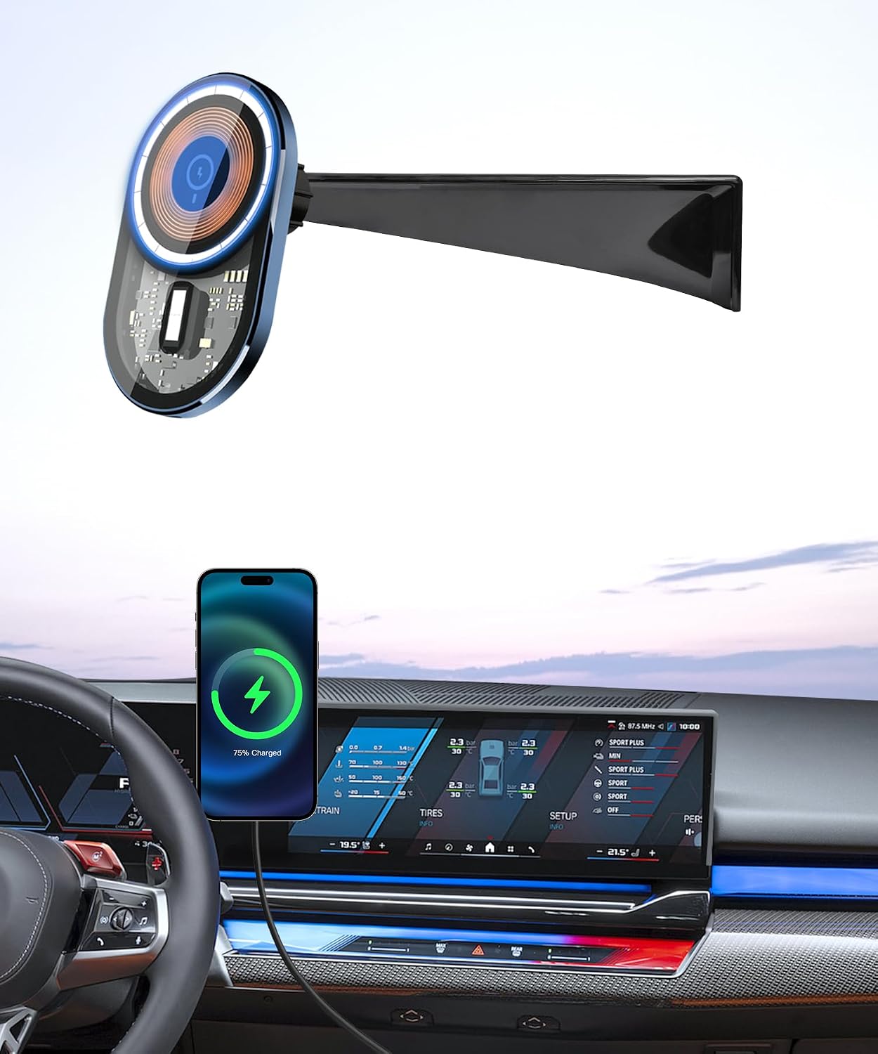 Wireless Charging Car Phone Holder for BMW M5 2025 / BMW 5-Series/i5 2024-2025, 14.9" Screen Fixed Clip, 360° Rotation Car Phone Mount Compatible with MagSafe