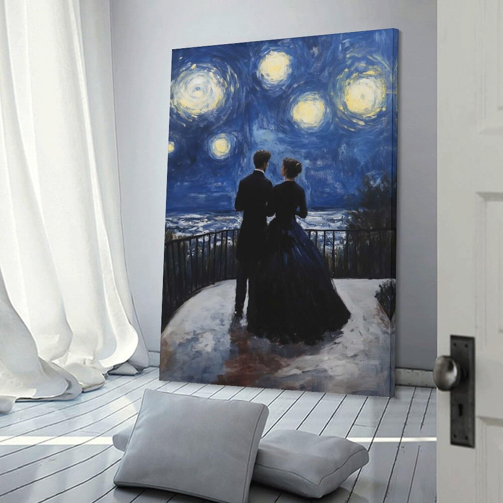 Junmoney Frame-Style-4 Couple Under Starry Night Painting Hanging Wall Art, 16X24inch(40X60cm), For Bedroom Decor, Cosy Corners Or Studios, An Easy Wall Refresh For Bedrooms