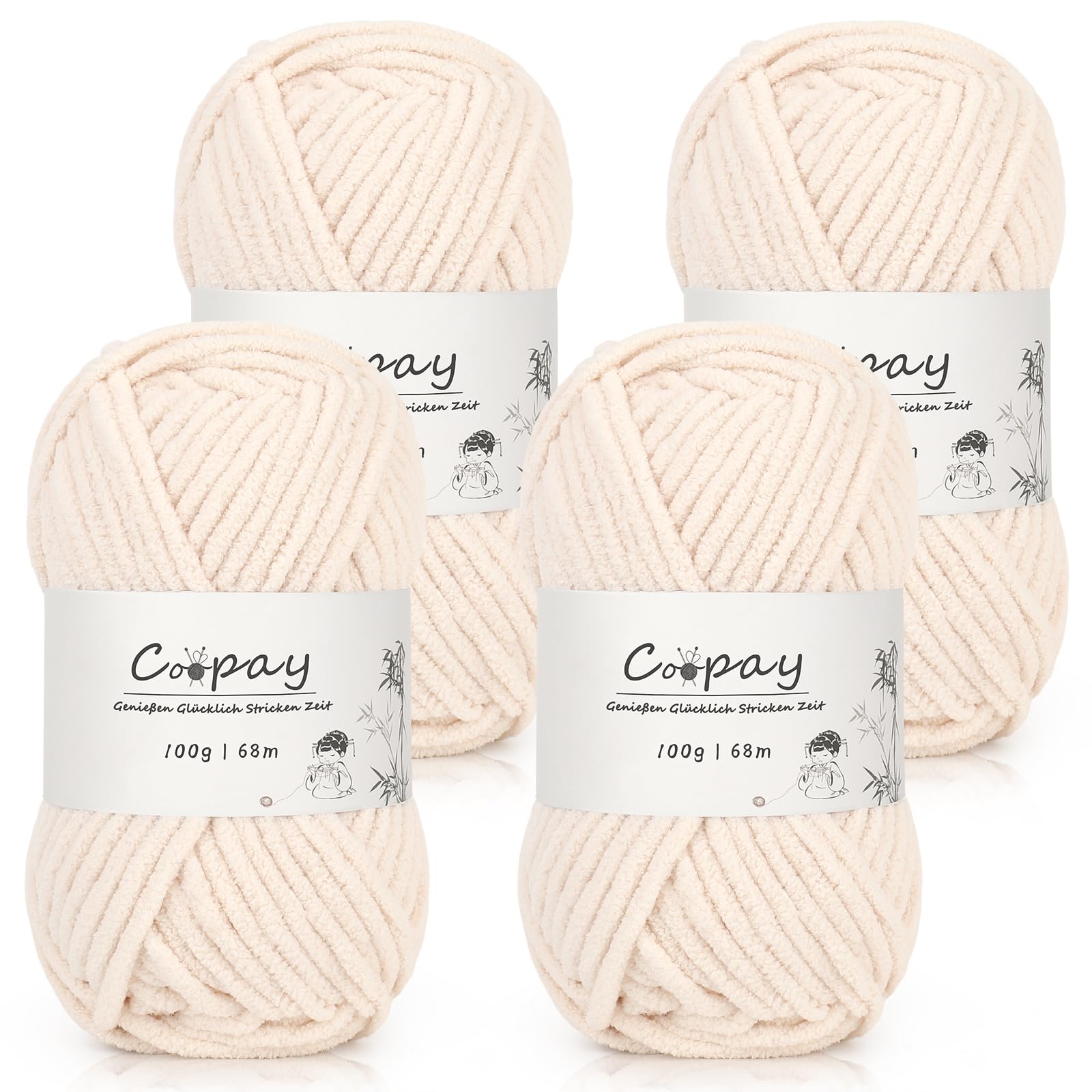 Coopay Chenille Chunky Wolle zum Häkeln Dickes Garn, 4 x 100g Dicke Wolle zum Stricken, Super Flauschig Weiches Wolle für Babydecke, Grobes Chenille-Garn für Decken, Schals, Taschen - Hautfarbe