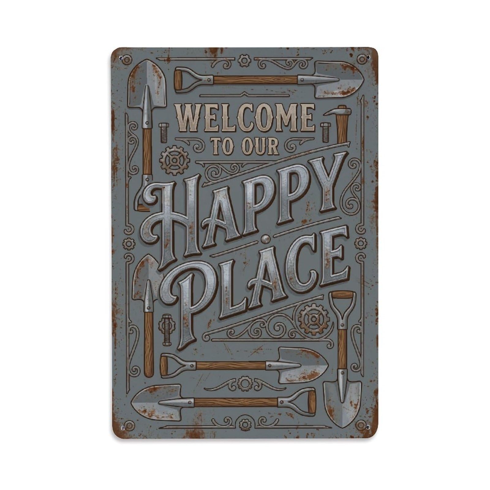 Okngb Style Silverwork Tool Welcome Happy Place Farmhouse Garden Metal Tin Sign Plaque Wall Decor For Cafe, Man Cave, Club Bar, Office, Home Garden Round Metal Poster 8X12inch