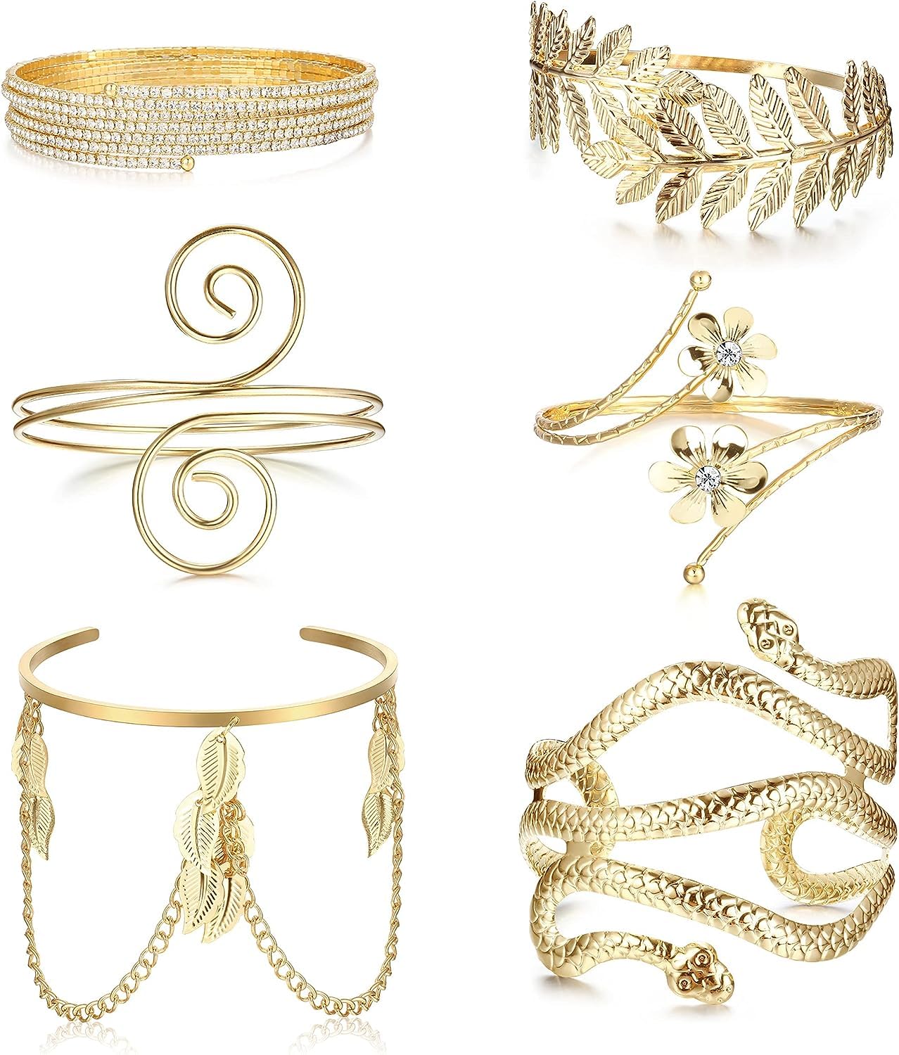 Diamday 6PCS Brazo Superior Brazaletes Ajustable Abierto Brazo Banda Pulsera Mujeres Diosa Griega Metal Bobina Brazalete Filigrana Remolino Hoja Boho Pulsera Minimalista Brazalete Set Moda Joyería
