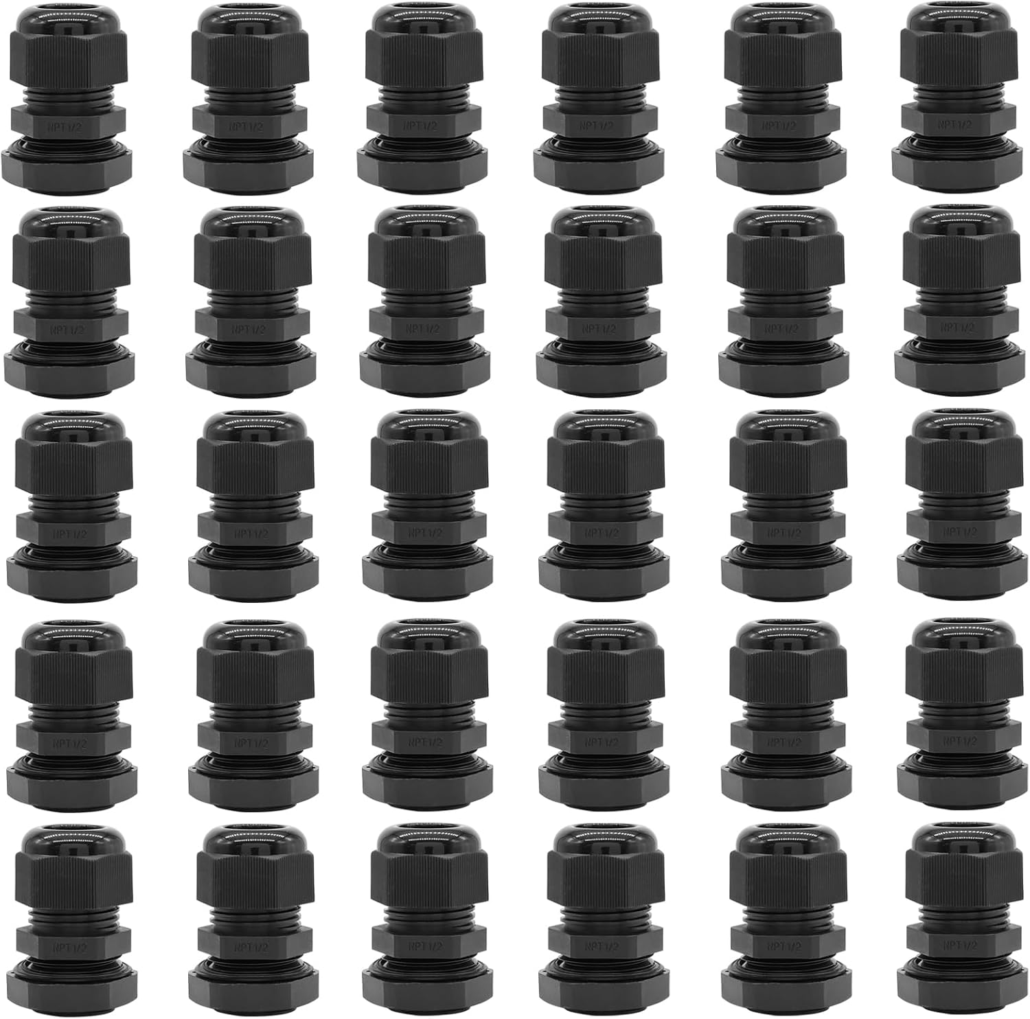1/2" NPT Cable Glands, Black Nylon Waterproof Adjustable Power Strain Relief Cord Grips, Junction Box Wire Pannel Gland Joints Connectors with Gaskets and Locknut - 6Pcs