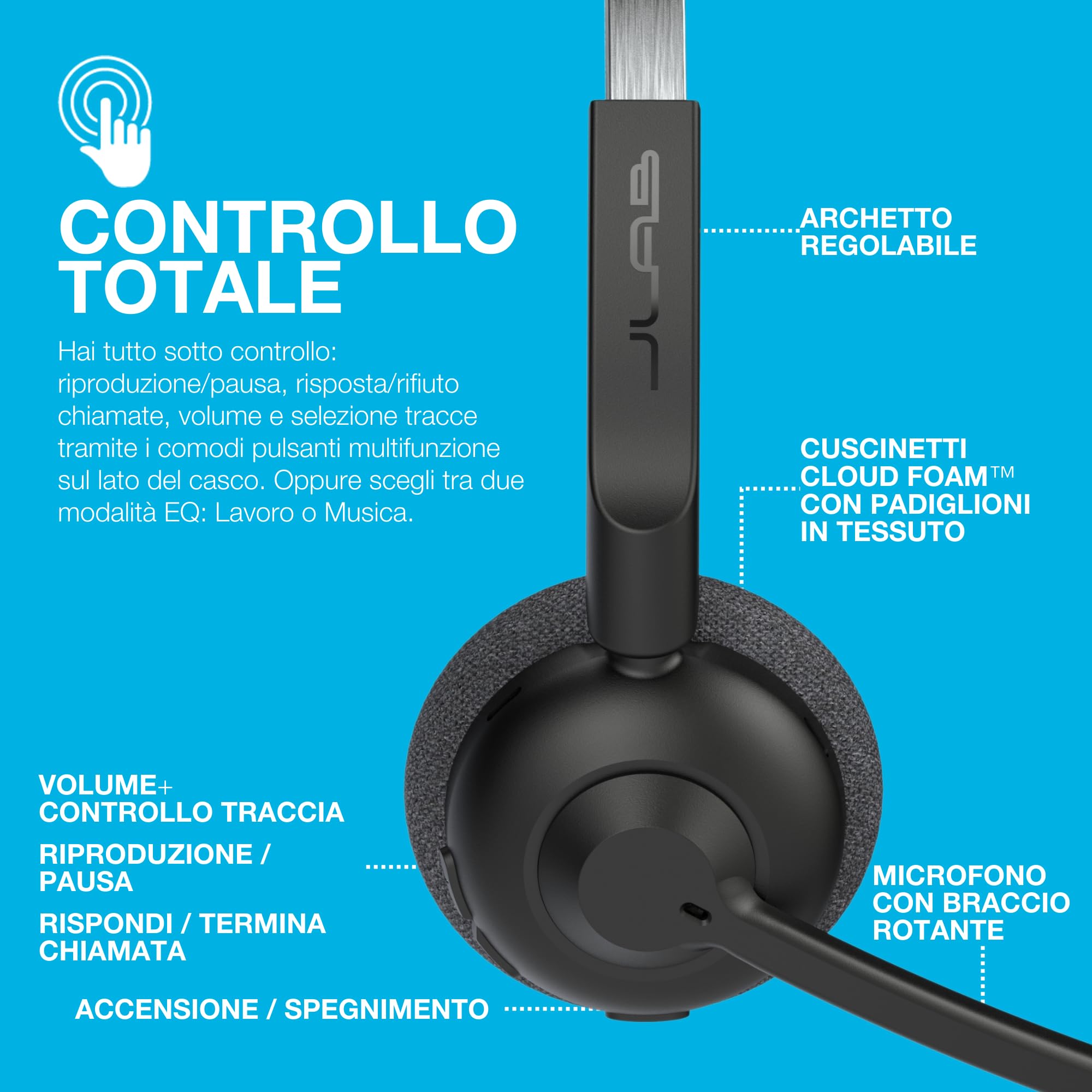 JLab Go Work Pop Cuffie Bluetooth con Microfono per PC - 50h, Nero | Cuffie da PC e Lavoro, Wireless Headset Bluetooth, Connessione simultanea a Computer e Cellulare