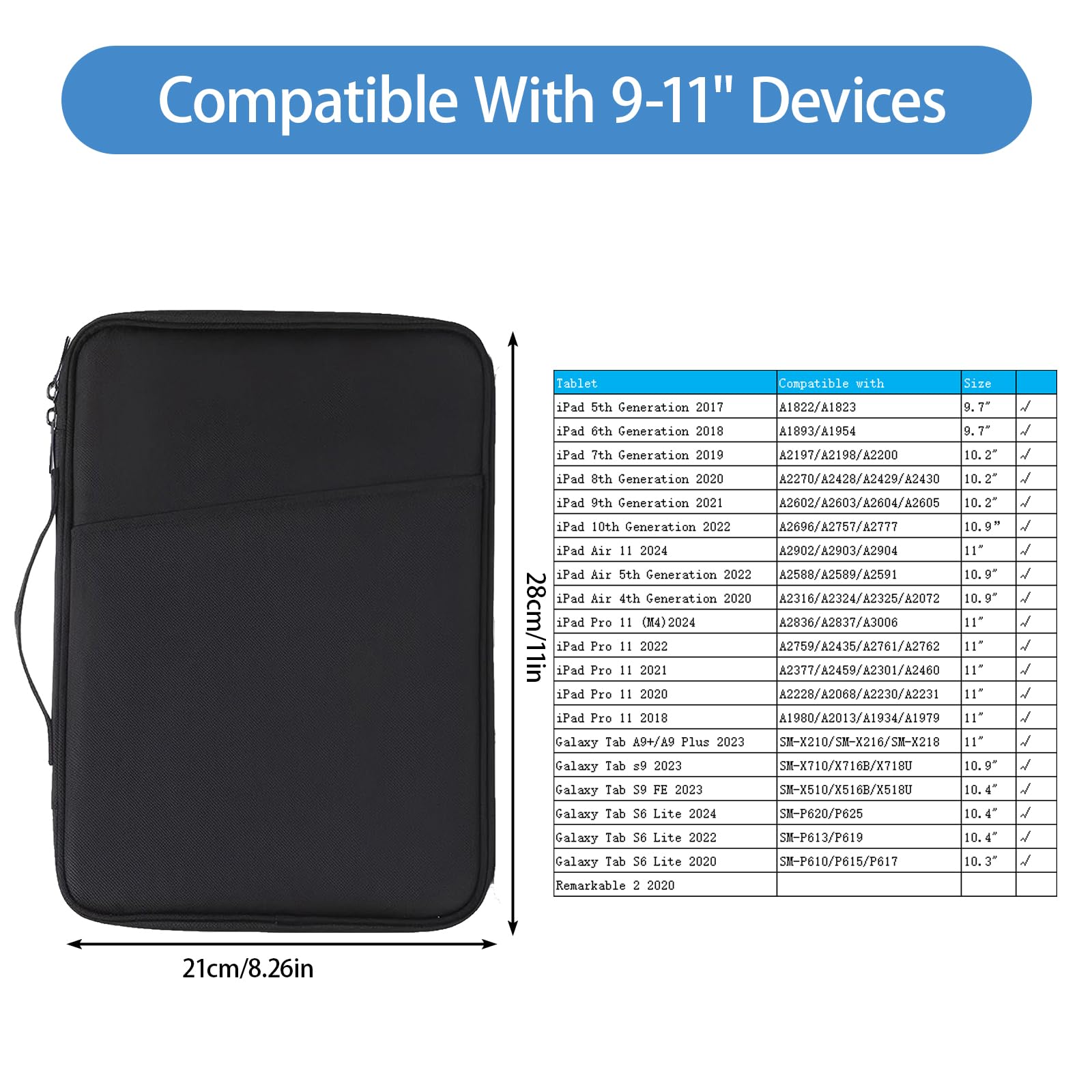 9-11" Tablet Tasche Schutzhülle für 11" iPad Air M3, i-Pad A16 2025, iPad10/9/8/7/iPad 10. Gen/Air 5/4 10,9", Slim Tablet Tasche Hülle für Galaxy Tab A9+ / A11 Plus 11", Schwarz