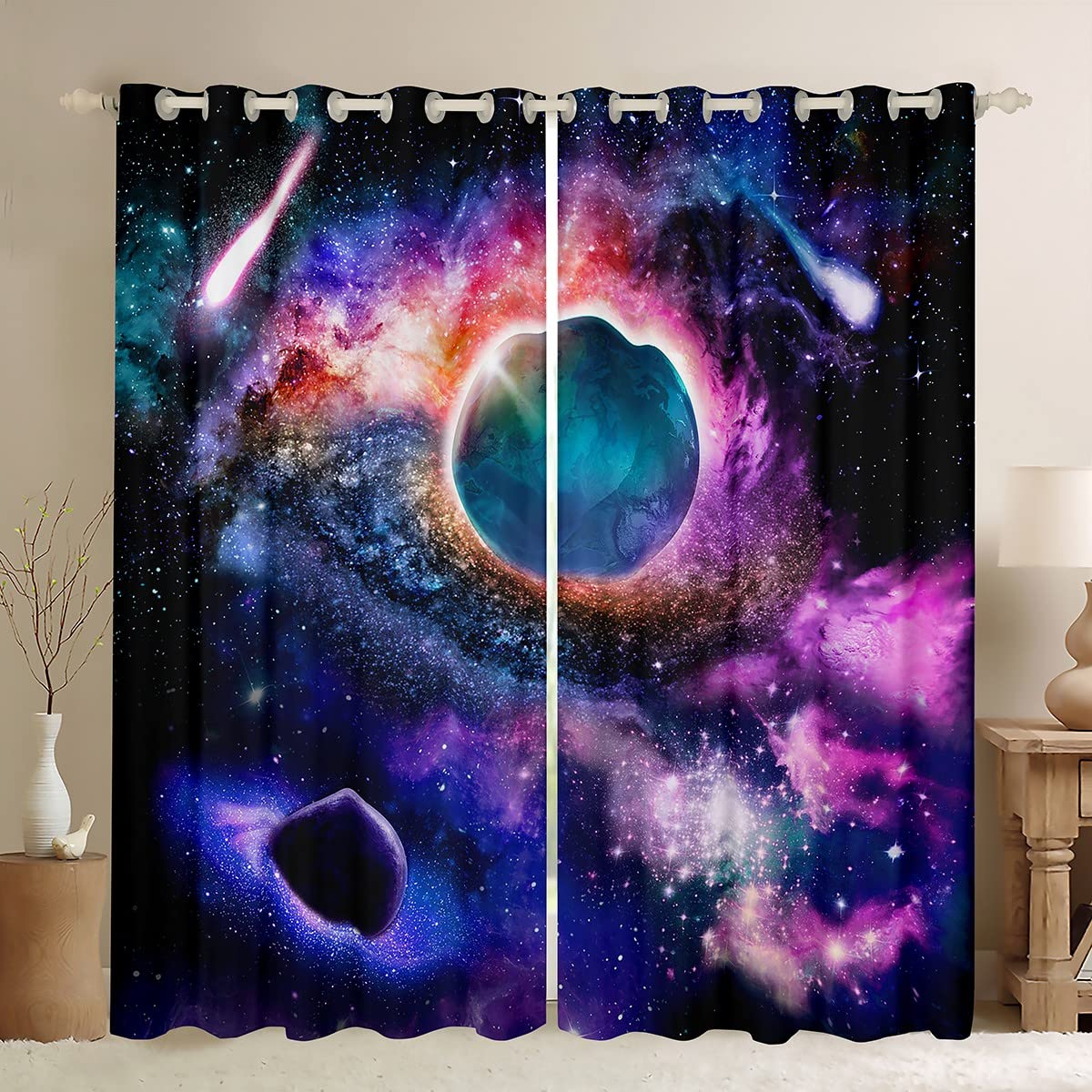 Cortinas de Espacio Exterior para niños, Cortinas de Ventana de Galaxia para Dormitorio, Sala de Estar para niños, niñas, Universo Planeta, Cortinas de Ventana de Cielo Estrellado, tratamientos de ve