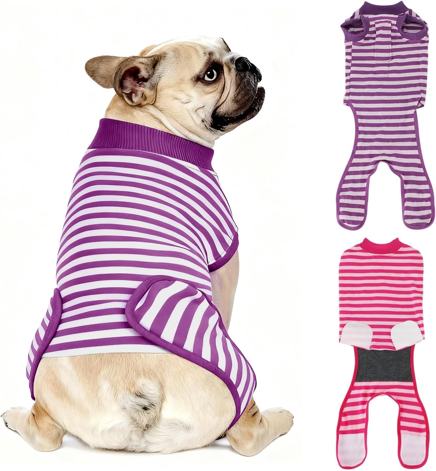2 Packs Breathable Cotton Dog Recovery Suit for After Neuter Spay Abdominal Wounds Protector, Professional Anti-Licking Onesies for Male Female Pets Surgery Bandages, M Purple & Pink Stripes