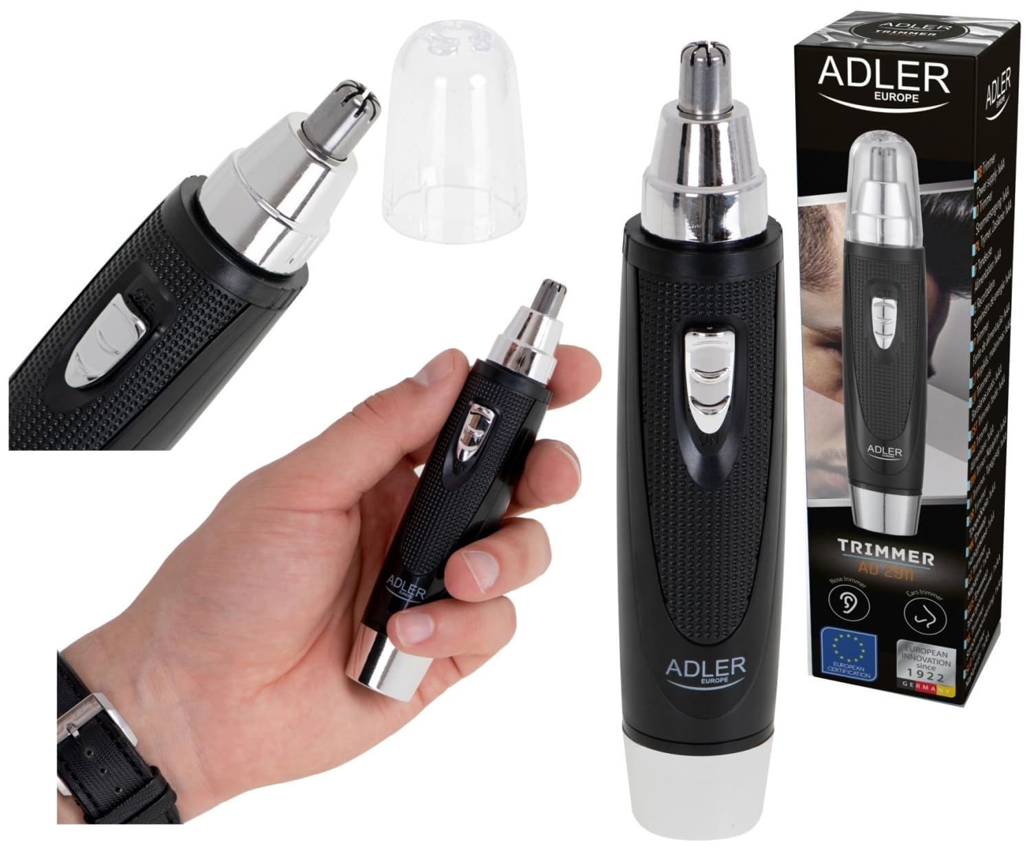 Adler AD 2911 Cortapelos Para Nariz y Orejas, Cuchillas de Acero Inoxidable, Afeitadora, sin Dolor, para Nariz, Oído y Vello Facial, Cabezal Extraíble, Pila, Negro