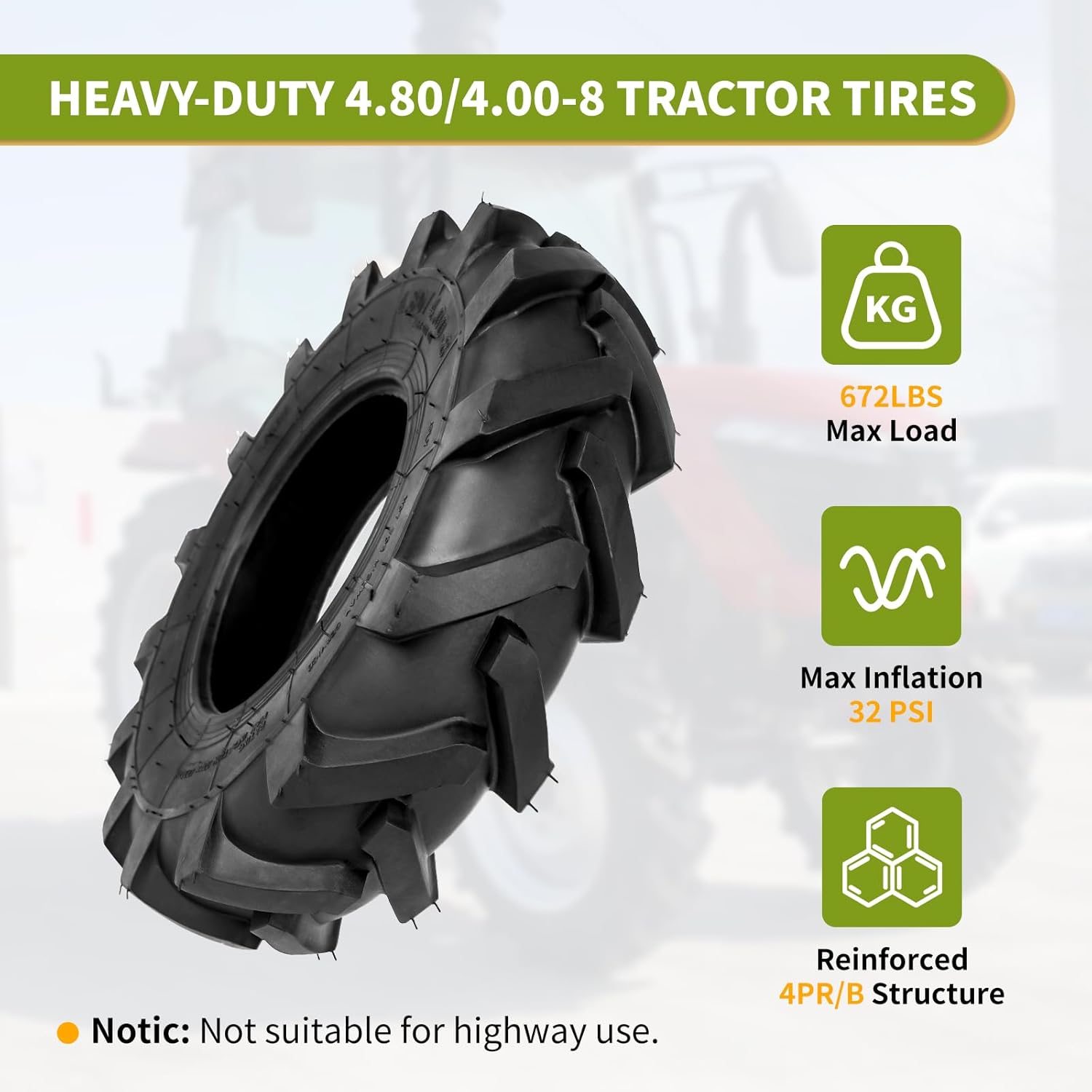 4.80/4.00-8 Tubeless Turf Tires, 4.80-8 4.00-8 (4PR) Heavy Duty Lawn & Garden Tread Tires for Tractors, Tillers, Golf Carts, and Mowers – Set of 2