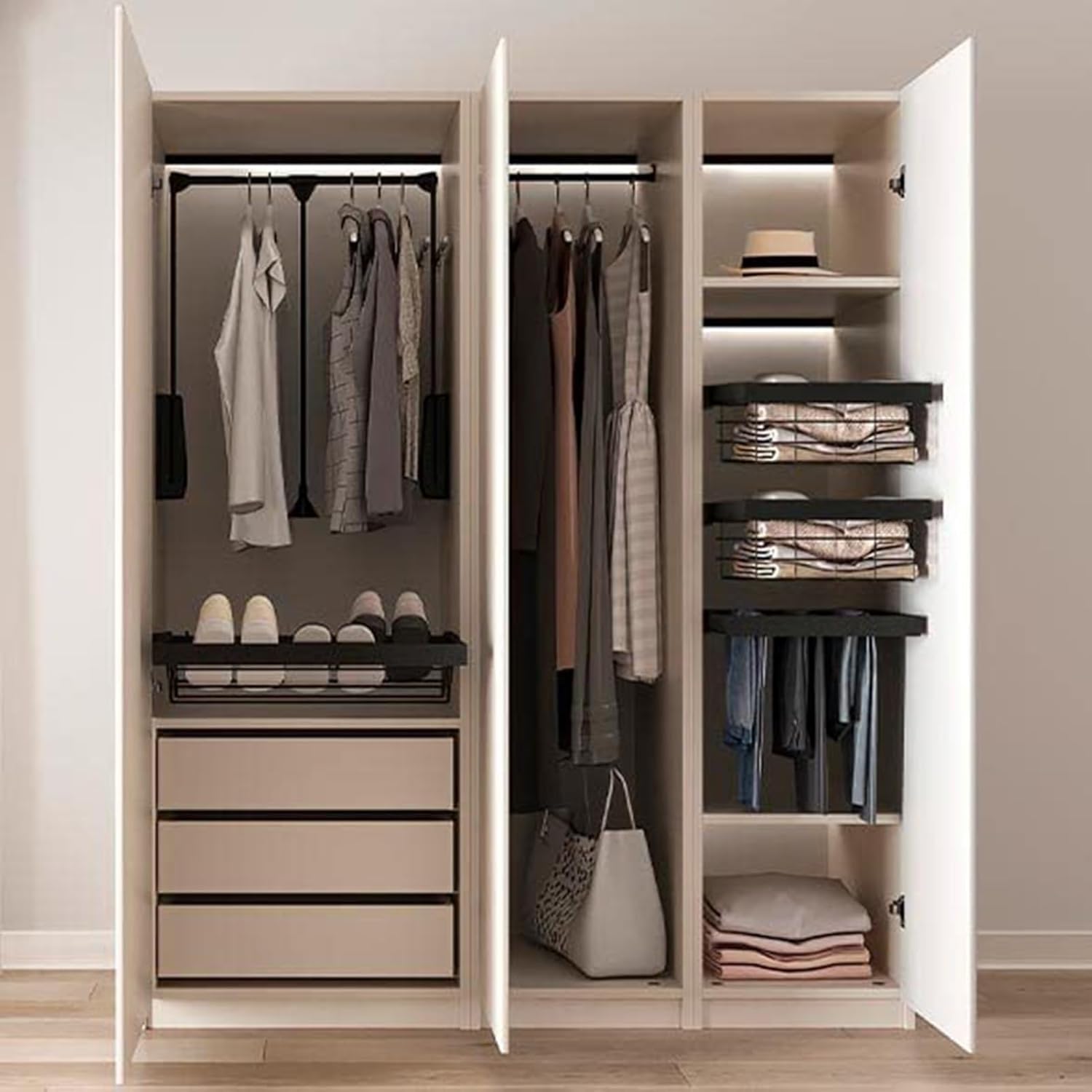 Closet Rods Extendable Clothes Rail Adjustable Sliding Wardrobe Closet Rod Pull Down Wardrobe Rail Lift Metal Stainless Steel Hanging Rod with Quiet Double Rail Adjustable Width 23.6 32.6 inches.