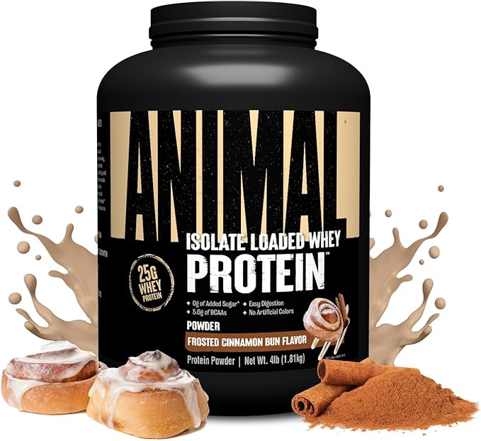 Animal Whey Isolate Protein Powder - Loaded for Pre & Post Workout Muscle Builder and Recovery with Digestive Enzymes for Men & Women - 25g Protein, Great Taste, Low Sugar - Frosted Cinnamon Bun 4 lbs Animal Whey Isolate Protein Powder - Loaded for Pre & Post Workout Muscle Builder and Recovery with Digestive Enzymes for Men & Women - 25g Protein, Great Taste, Low Sugar - Frosted Cinnamon Bun 4 lbs