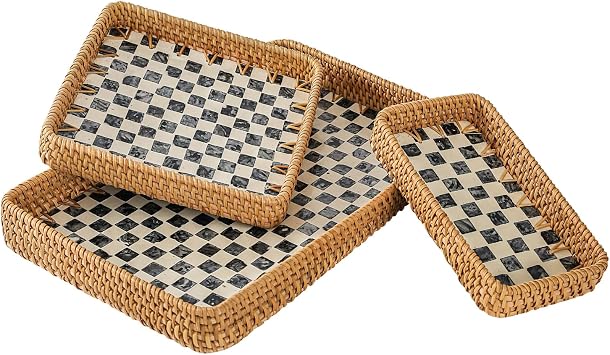 Set of 3 Rattan Serving Trays with Mother of Pearl, Terrekraft