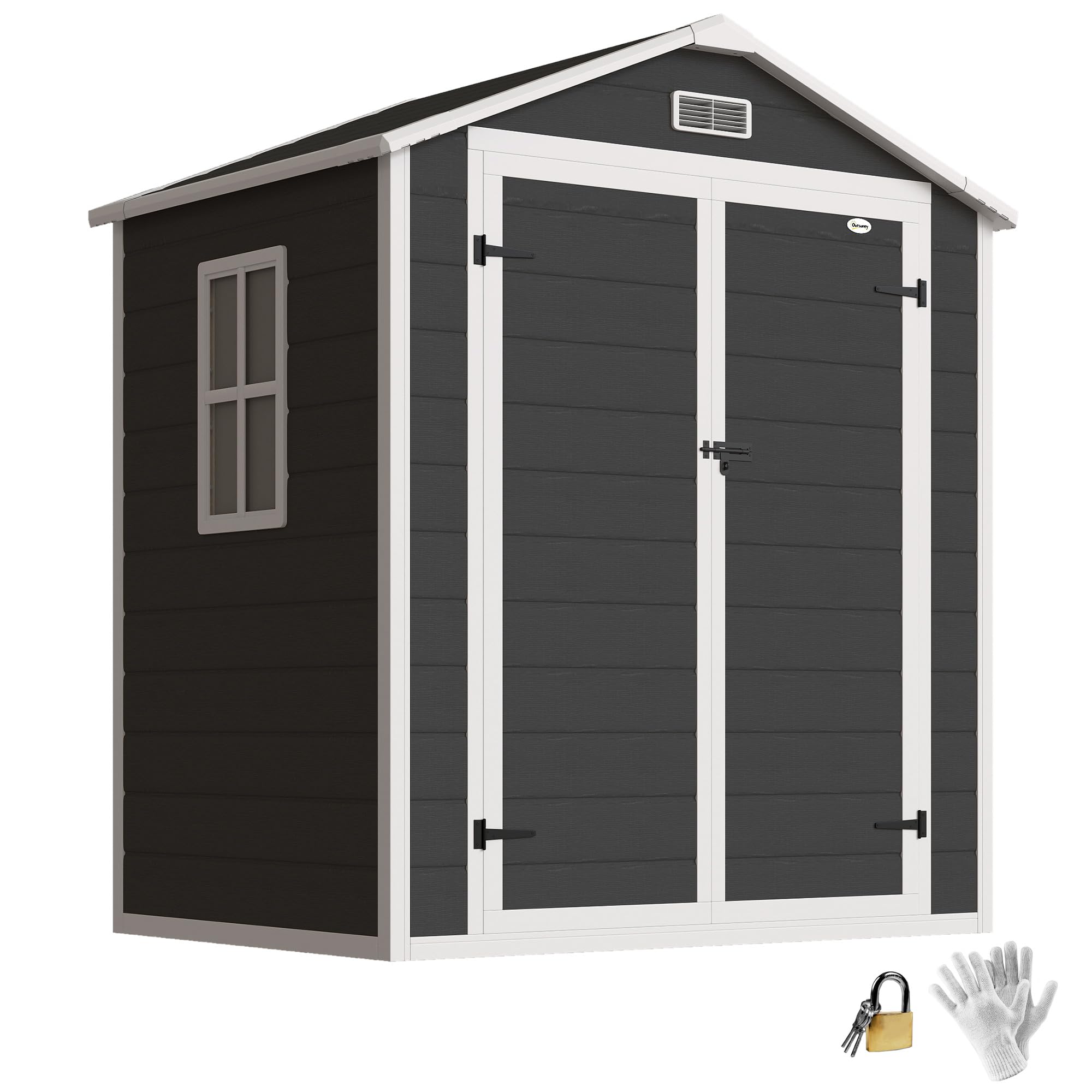 Outsunny Garden Shed 6'X4.5' Plastic Tool Storage House W/ Lockable Double Doors