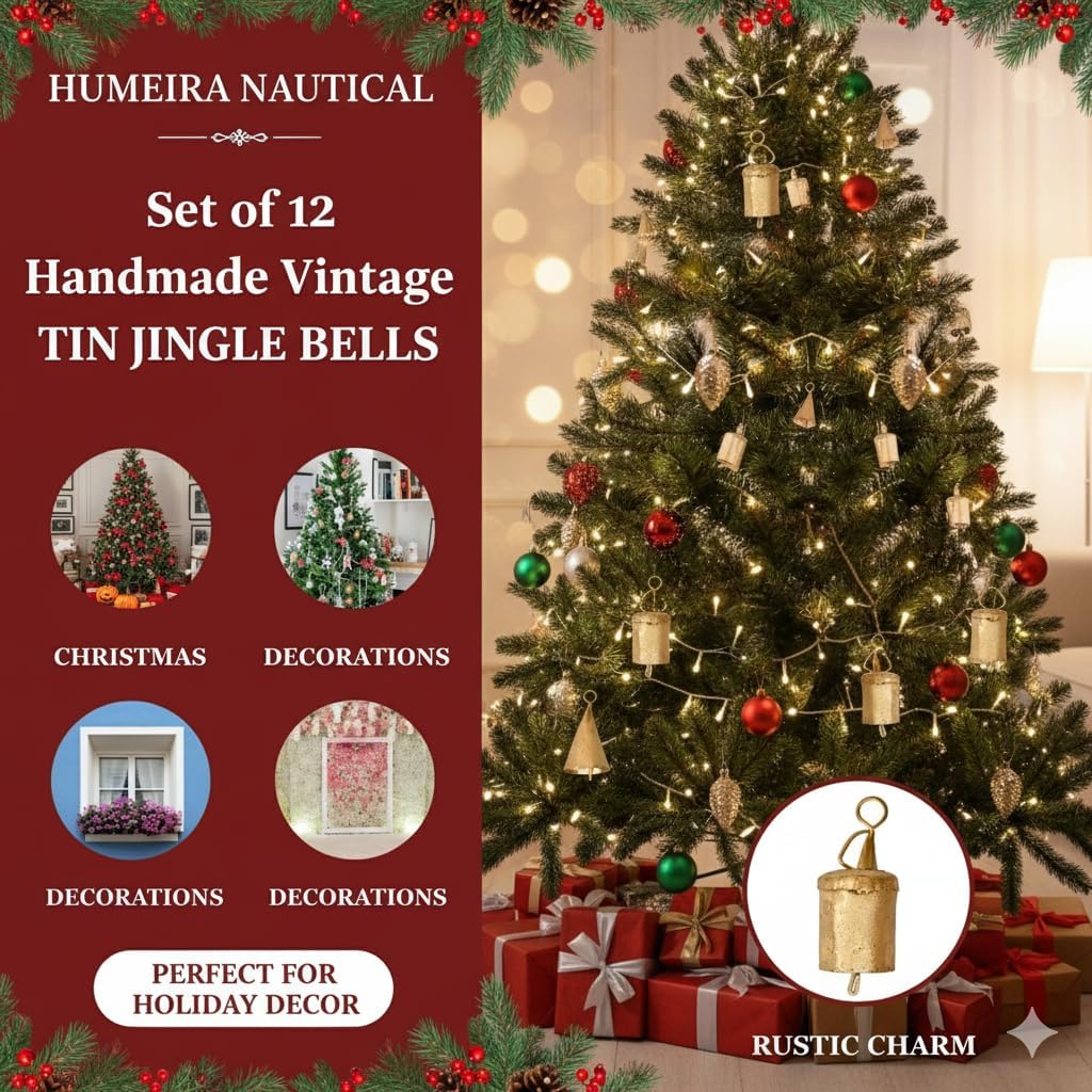 Set of 20 Handmade Vintage Tin Jingle Bells – Rustic Indian Cow & Witch Bells for Christmas Tree Ornaments, Holiday Décor & Festive Hanging Crafts