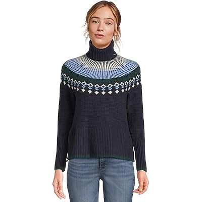 L.L.Bean Supersoft Waffle Sweater Turtleneck Fair Isle classic navy/mariner blue