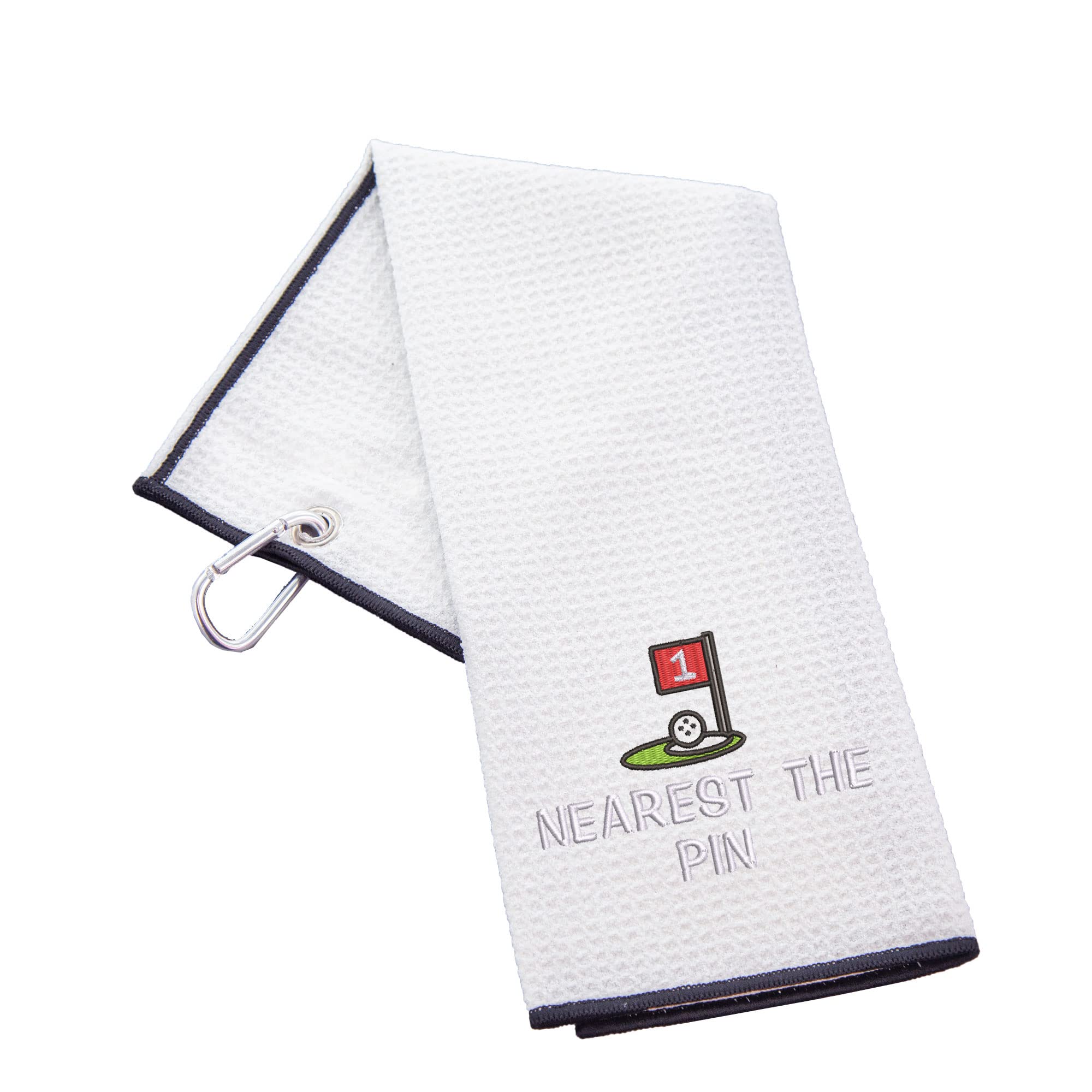 Aztex Men's Waffle White Funny Trifold Golf Towel Golf Gift For Carabiner Clip For Golf Bags, Golf Present, Nearest The Pin,