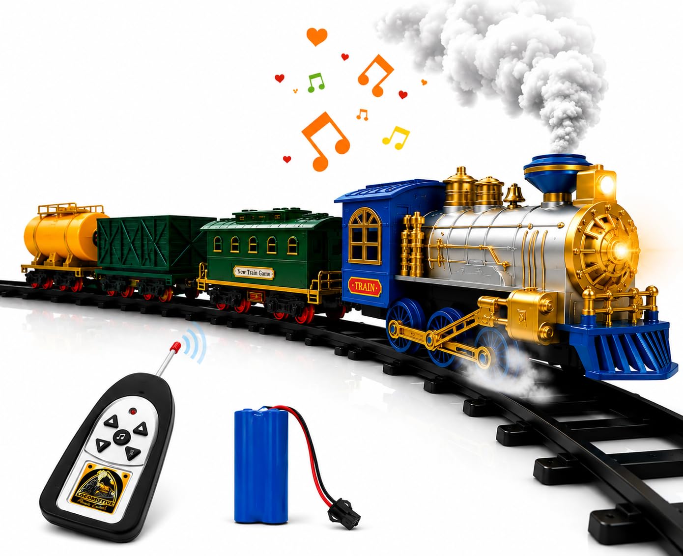 R/C Train Set for Boys with Real Smoke, LED Lights & Music | 2.4GHz Remote Control Toy Train with Engine, Passenger Coach, Tanker Wagon, 12 Track Pieces, C-Type Charging & Water Dropper-image-23