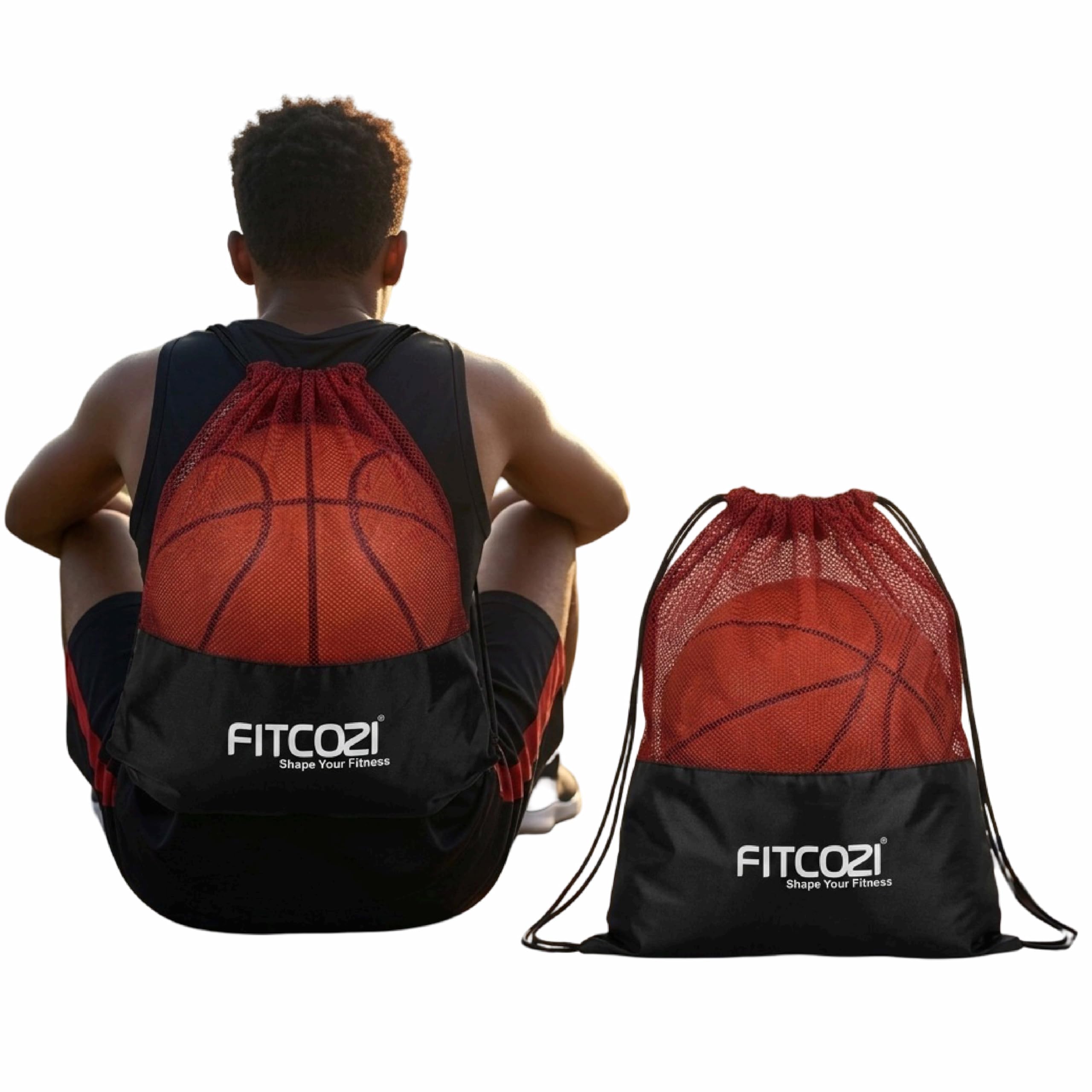 FITCOZI Red Matti & Black Mesh Sports Bag with Adjustable Double Straps and Drawstring Closure, Heavy-Duty Ball Organizer for Football, Basketball, Volleyball, Beach Storage (Red-Black)-image-36