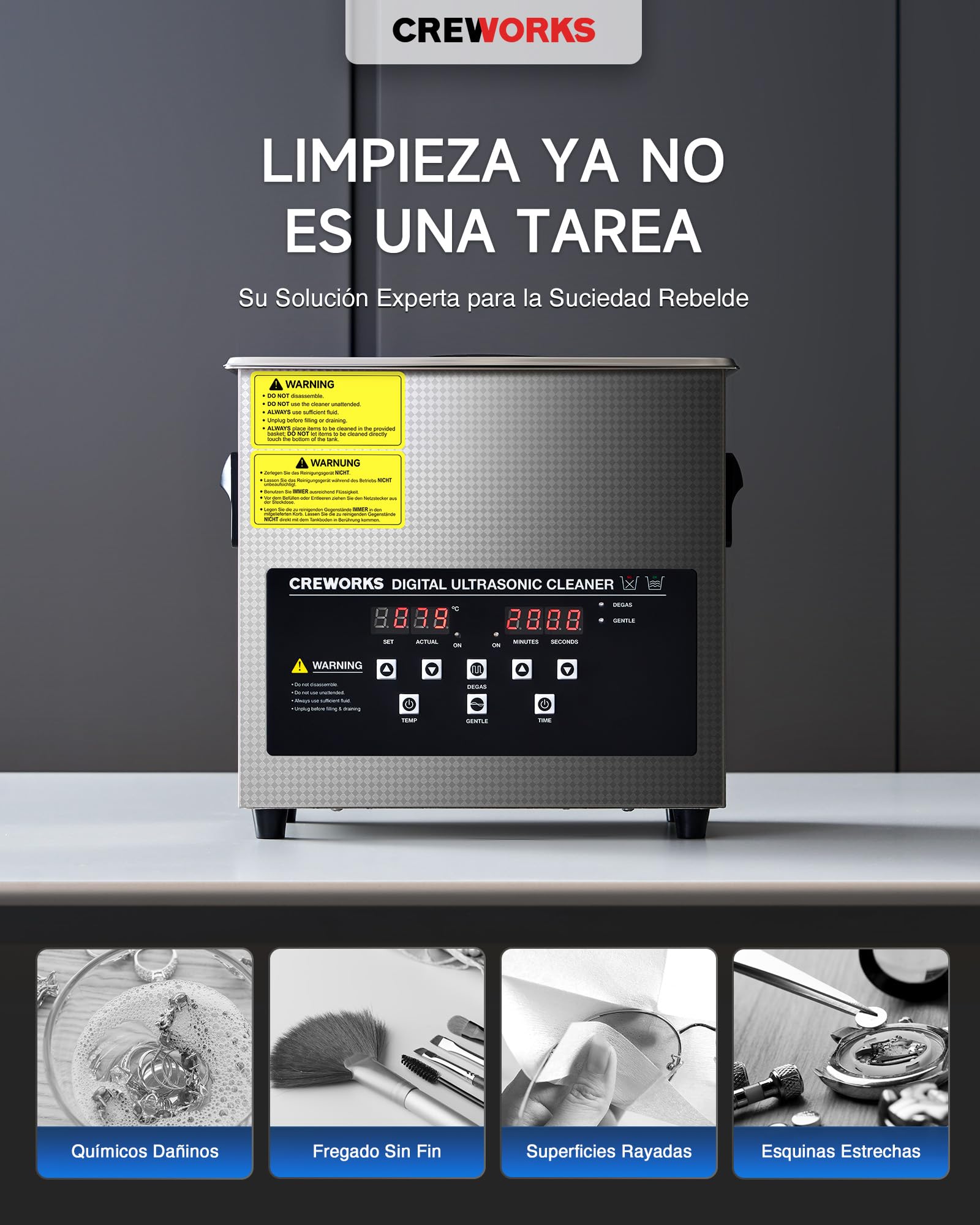 CREWORKS 3L 120W Limpiador Ultrasonidos con Calefacción Temporizador Maquina de Limpieza Ultrasonidos Acero Inoxidable para Prótesis Dentales, Joyas, Gafas, Relojes