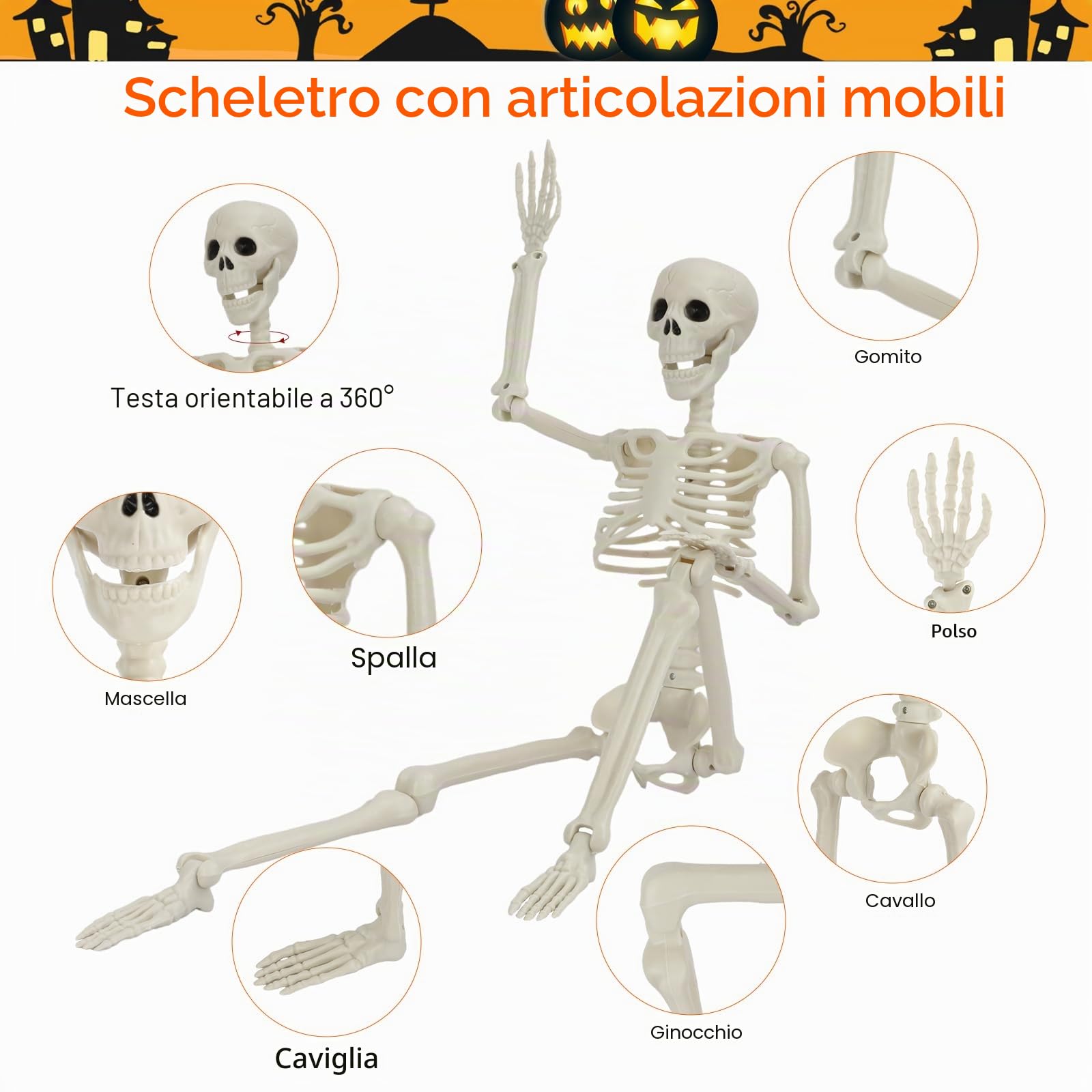 5 Pezzi Decorazioni per Scheletri di Halloween, 2PCS 90 cm Scheletro Decor con 3PCS 40 cm Scheletro, Scheletro Completo di Articolazioni Posabili per Halloween Decorazioni per Interni all'aperto
