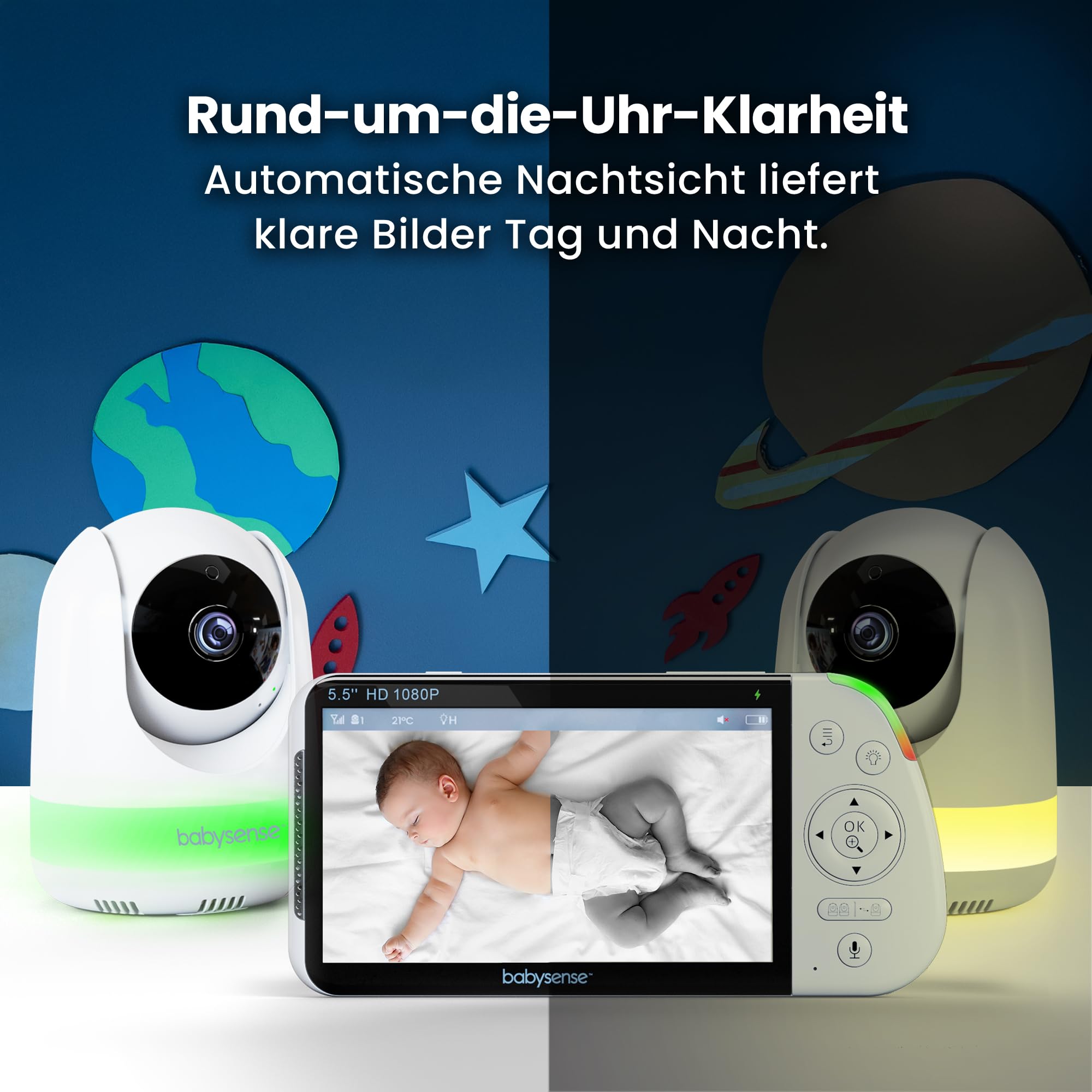 Babysense Full HD Split-Screen-Babyphone mit 2 Kameras, Nachtlicht in 6 Farben, Geräusch- & Lichtmaschine, 20-Stunden-Akku, abhörsichere Verbindung ohne WLAN