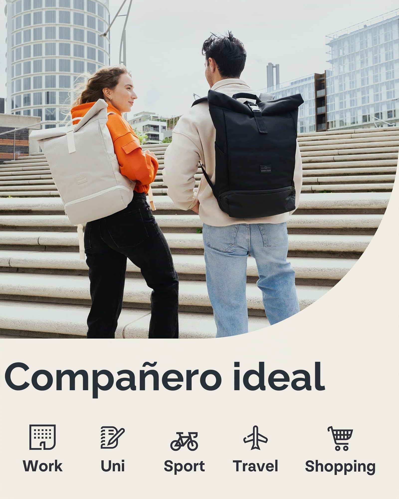 Johnny Urban Mochila Enrollable Mujer Hombre Gris - Allen Large - Grande Bolso para Escolar, Universidad, Trabajo - Compartimento para Portátil - Repelente al Agua
