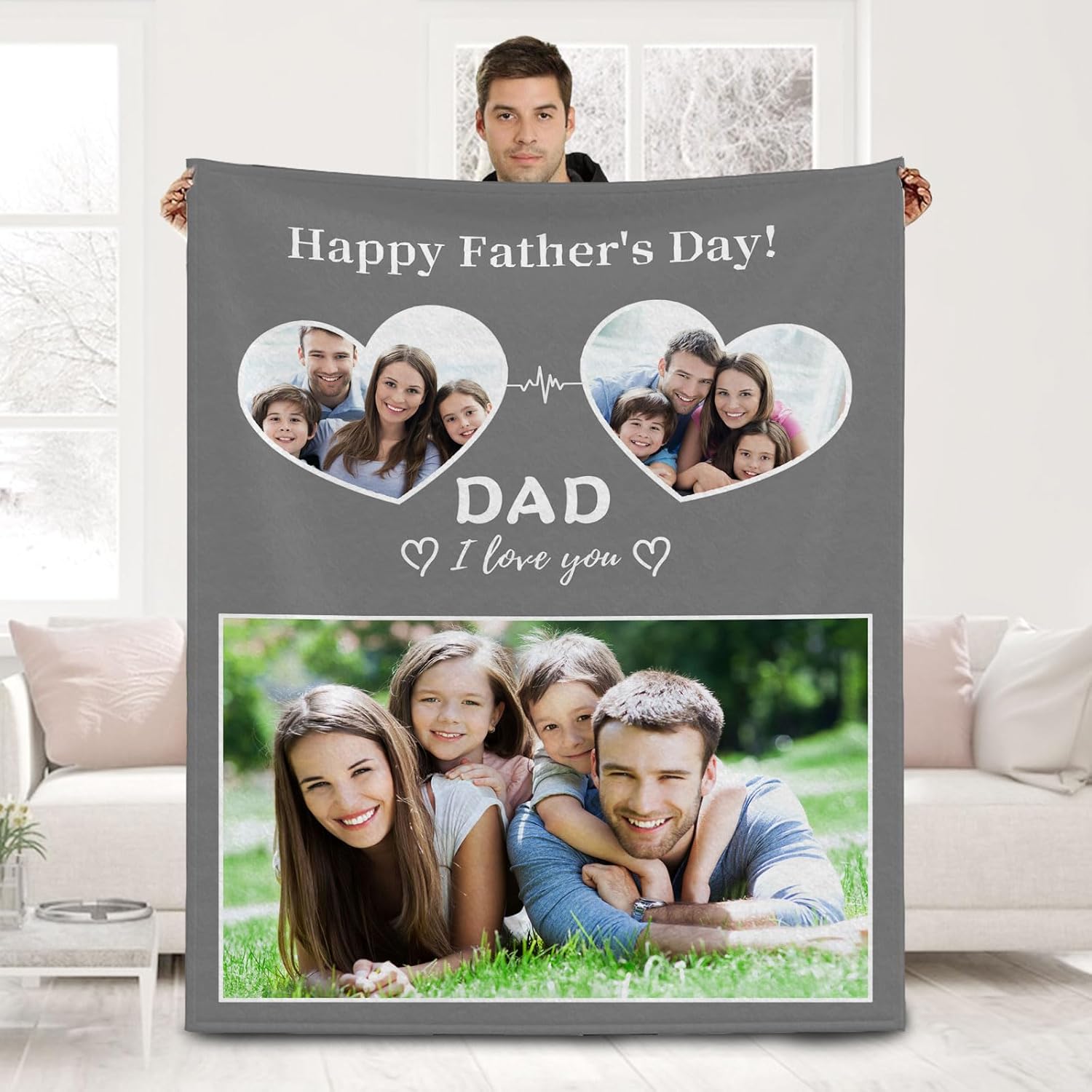 Custom Photo Blanket - Best Dad Ever Gift from Daughter Son, Personalized Pictures Blanket for Dad, 60"x 90"