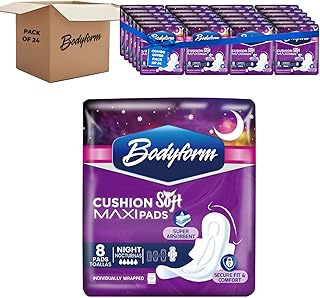 Bodyform Maxi - Value Sanitary Napkins, Cushion Soft Always Comfortable and Ultra-Absorbent (Night, 192 Count (24 Packs of 8 Counts))