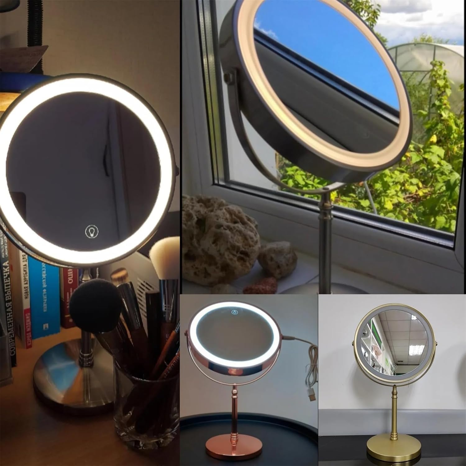 Podświetlane Lustro Stding 10x Powiększające Lustro Vity Ładowanie Usb Przyciemnianie Dwustronne Lustro Do Golenia Led Na Biurko, Rose Gold