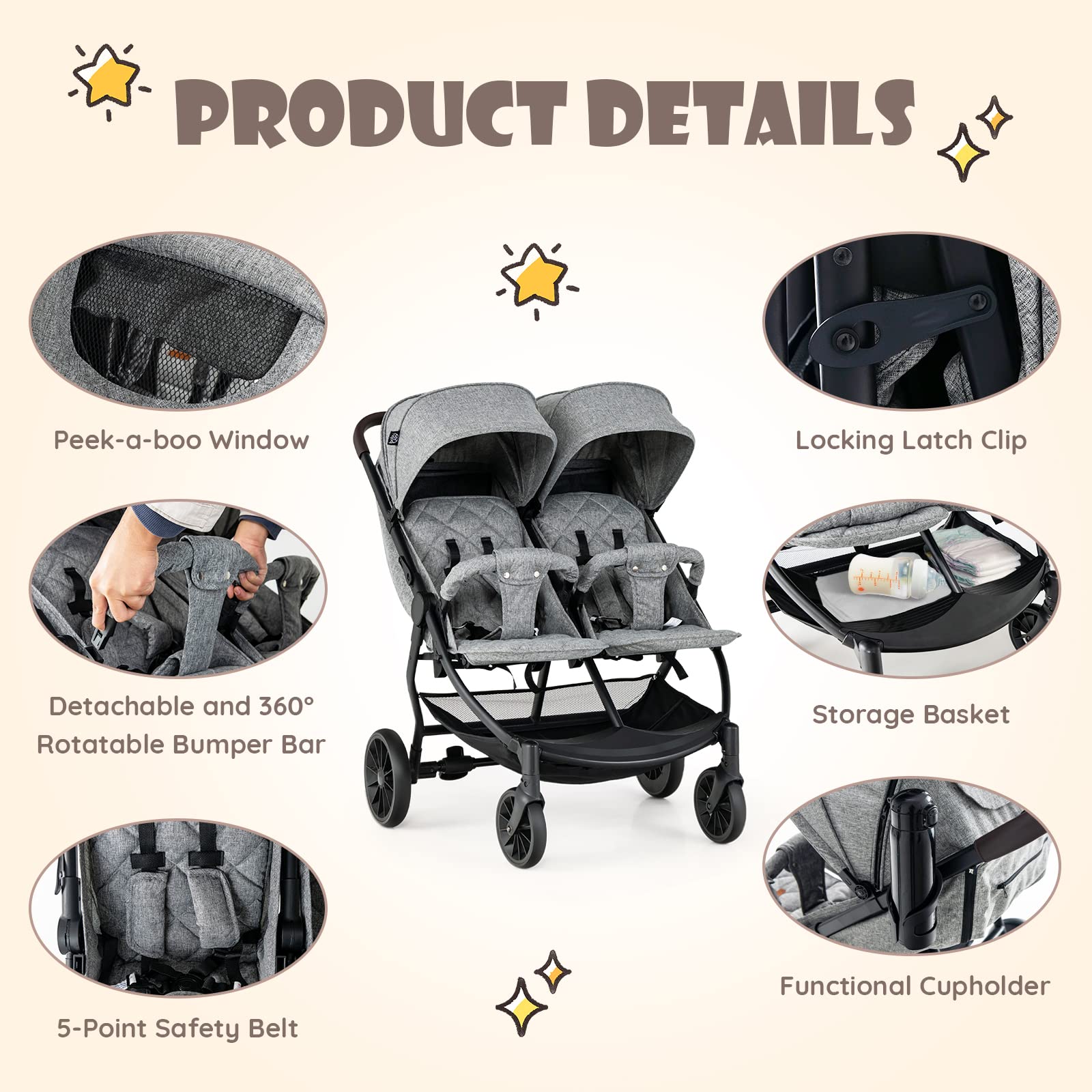 RELAX4LIFE Passeggino Gemellare Pieghevole in 1 Passo con Schienale 115°/145°/175° e Tettoie a 5 Livelli, Poggiapiedi Regolabile, Ruote 360°, Freno,Cintura a 5 Punti, 15+15KG (GRIGIO)