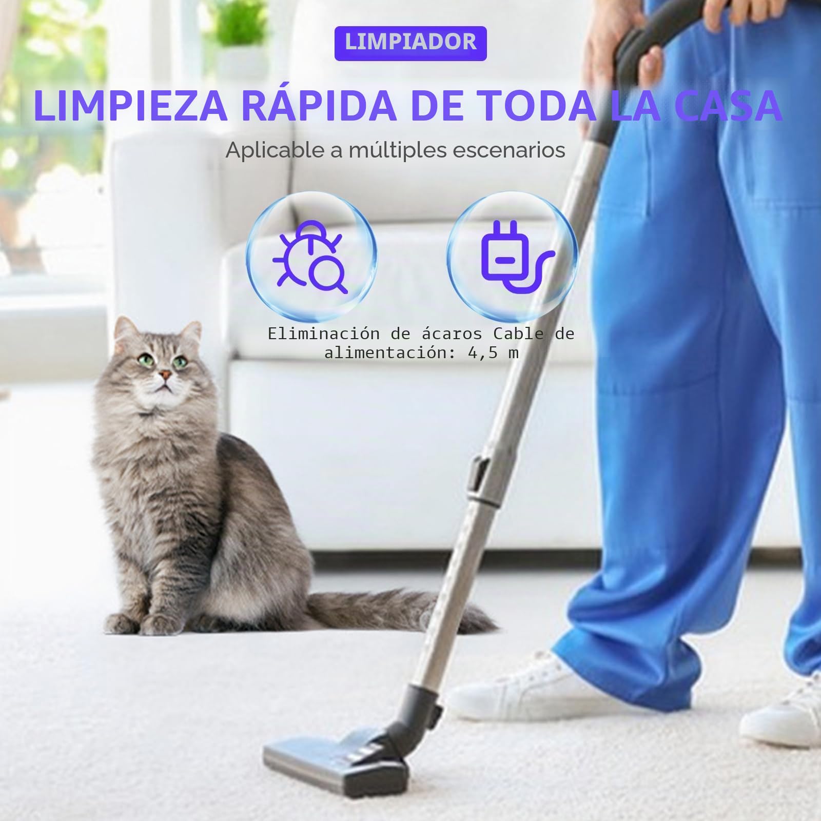 Aspirador de trineo sin bolsa de 2000 W, espiraador sin bolsa con cable, filtración HEPA, capacidad de 1,8 litros, radio de acción de 5 m, para alfombras y suelos duros, eliminación de polvo