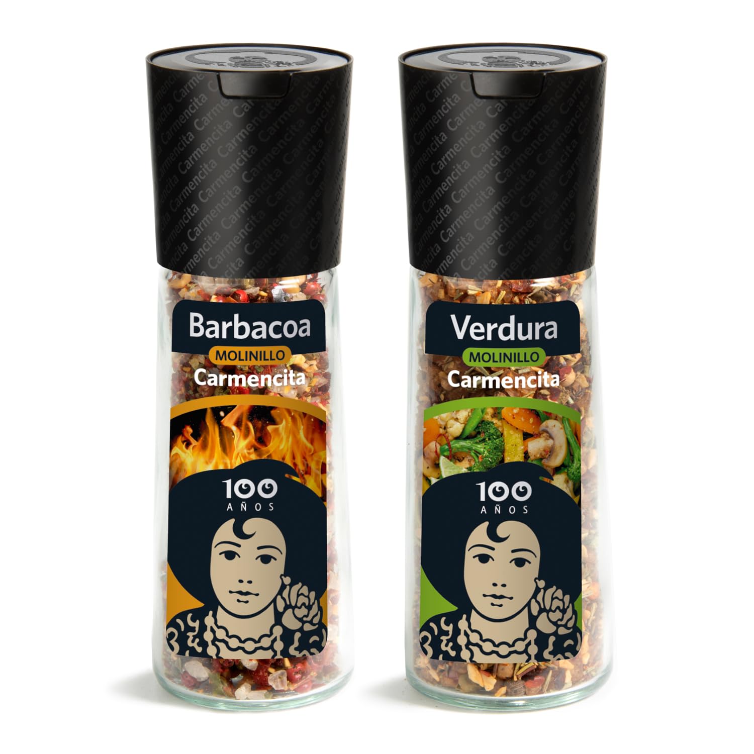 CARMENCITA - Pack Foodie 6 Molinillos de Especias para Cocinar | Sabores recién molidos | Sazonador Barbacoa | Pollo, Cerdo y Pavo | Pasta y Pizza | Verdura y Curry| Pescado y Marisco| Ensalada Vegan