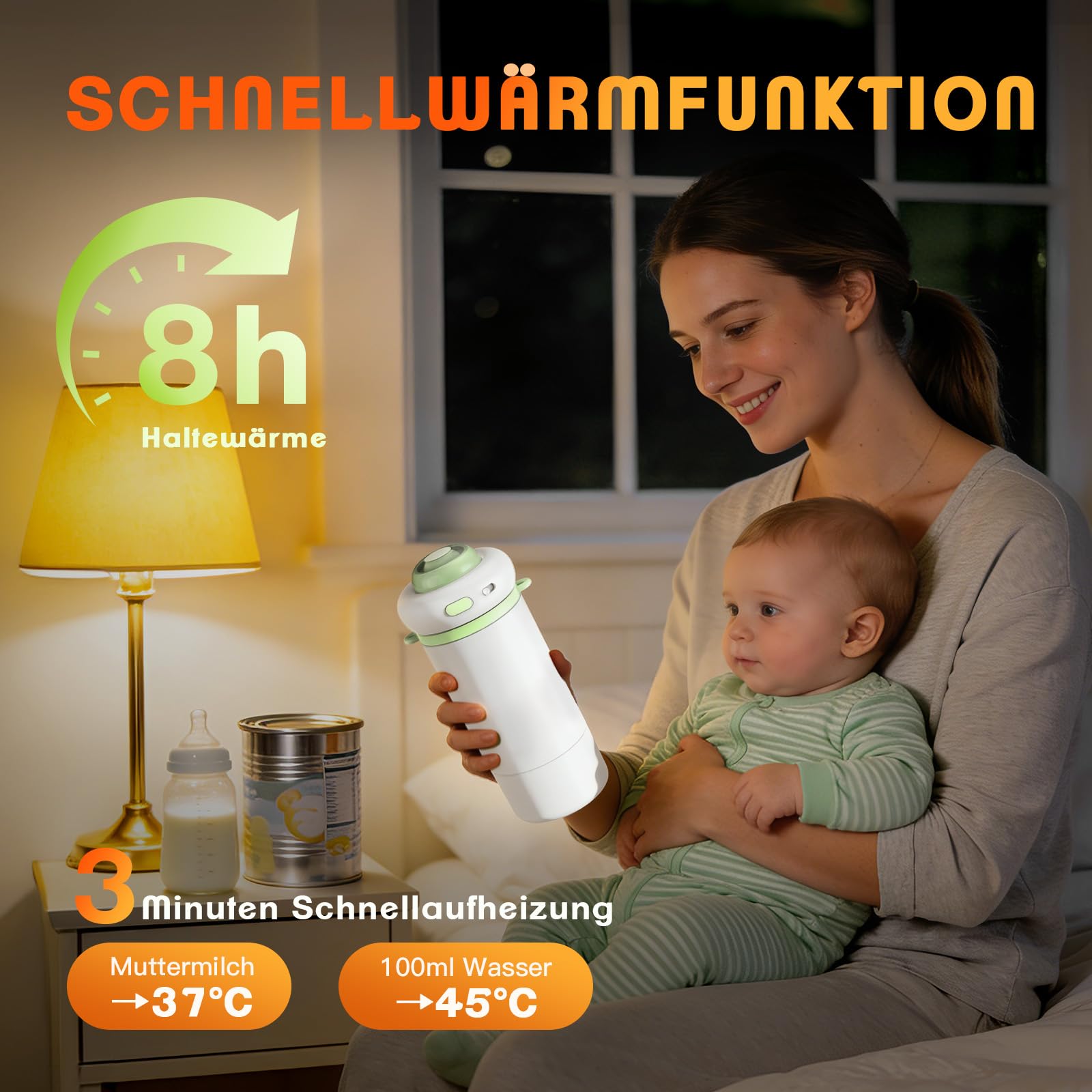 Chauffe-Biberon Portable ±1°C, Réchauffeur de Lait 500ml | Chauffe en 3 min, autonomie 8h, modes TDS & stérilisation, anti-fuite anti-sèche sans BPA idéal nomade