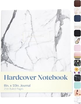 WORLD TRAVELER Large Lined Journal Notebook - Lay-Flat Hardcover 2 Ribbon Bookmarks 256 Ruled White & Ivory Pages 8x10 Inches, Marble