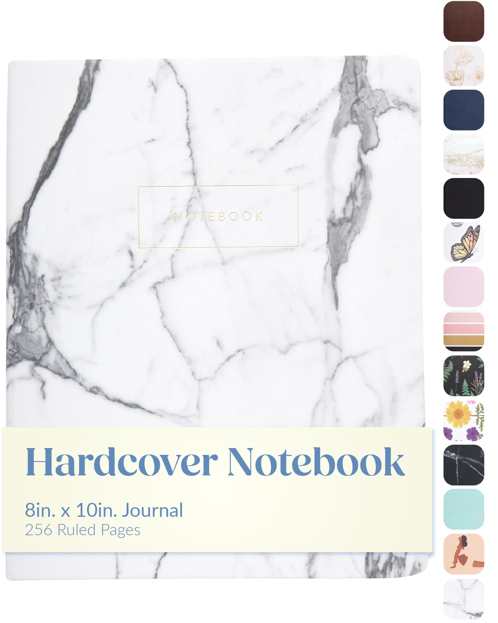 Eccolo Large Lined Journal Notebook, Hardbound Cover, Writing Journal, 256 Ruled White Pages, Ribbon Bookmark, Lay Flat, Desk Size for Work or School, White Marble (8x10 inches)