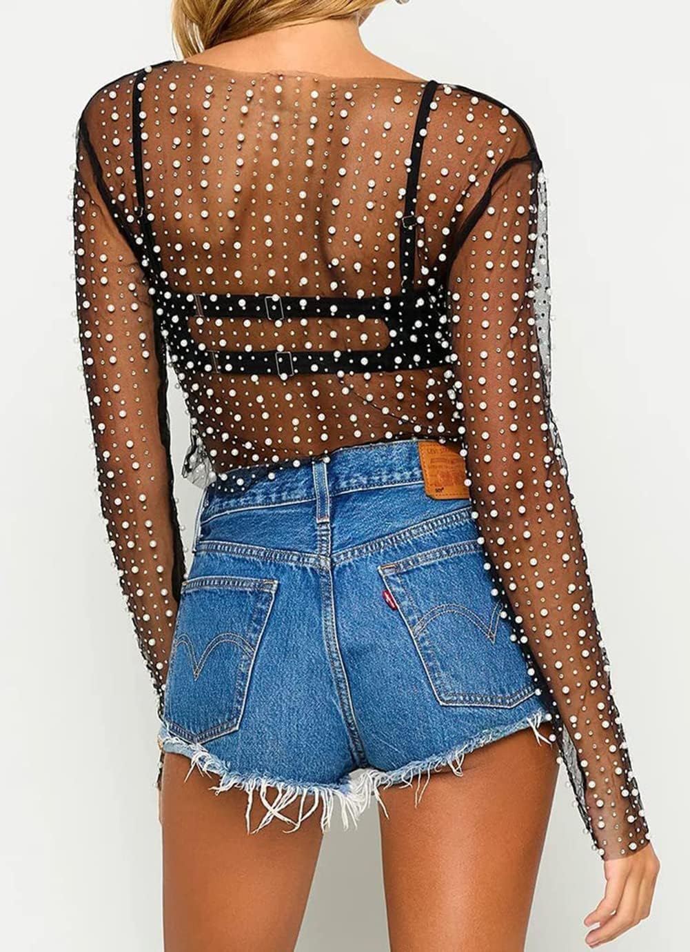 Women's Pearl Rhinestone See Through Long Sleeve Mesh Blouse One Piece Cover Up Crop Tops - Image 5