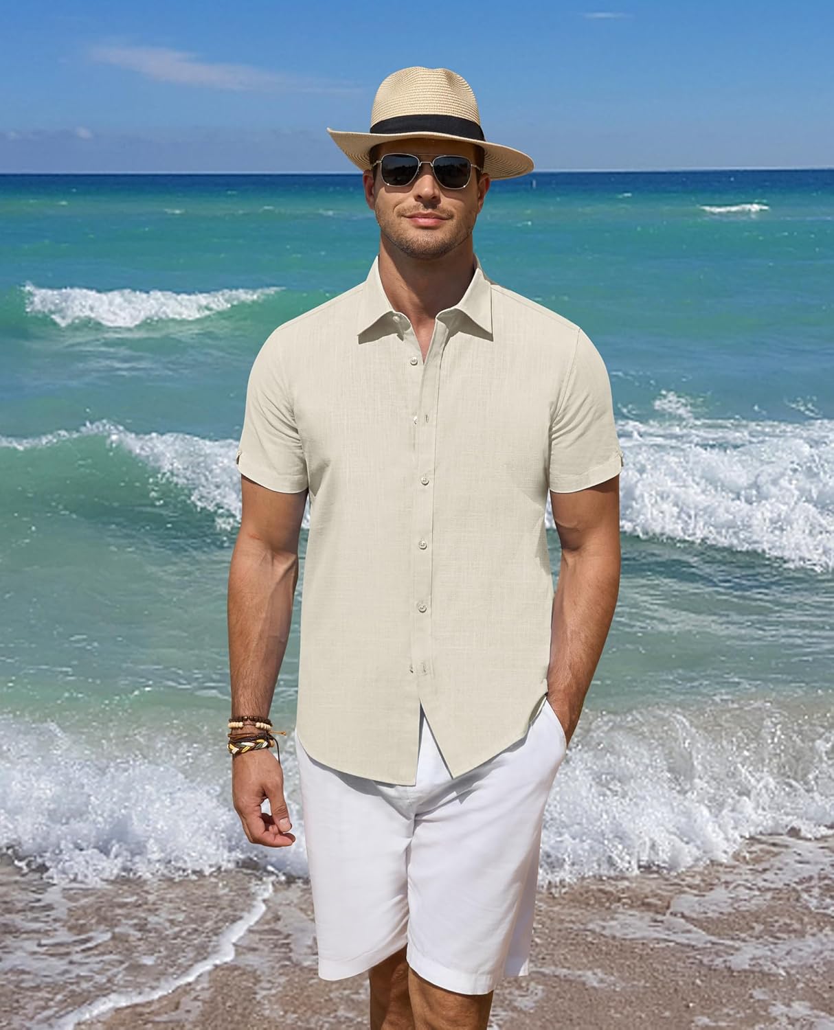 DEMEANOR Linen Shirts for Men Short Sleeve Button Down Shirts Summer Beach Casual Linen Button Up Shirt Vacation Wedding - Image 3