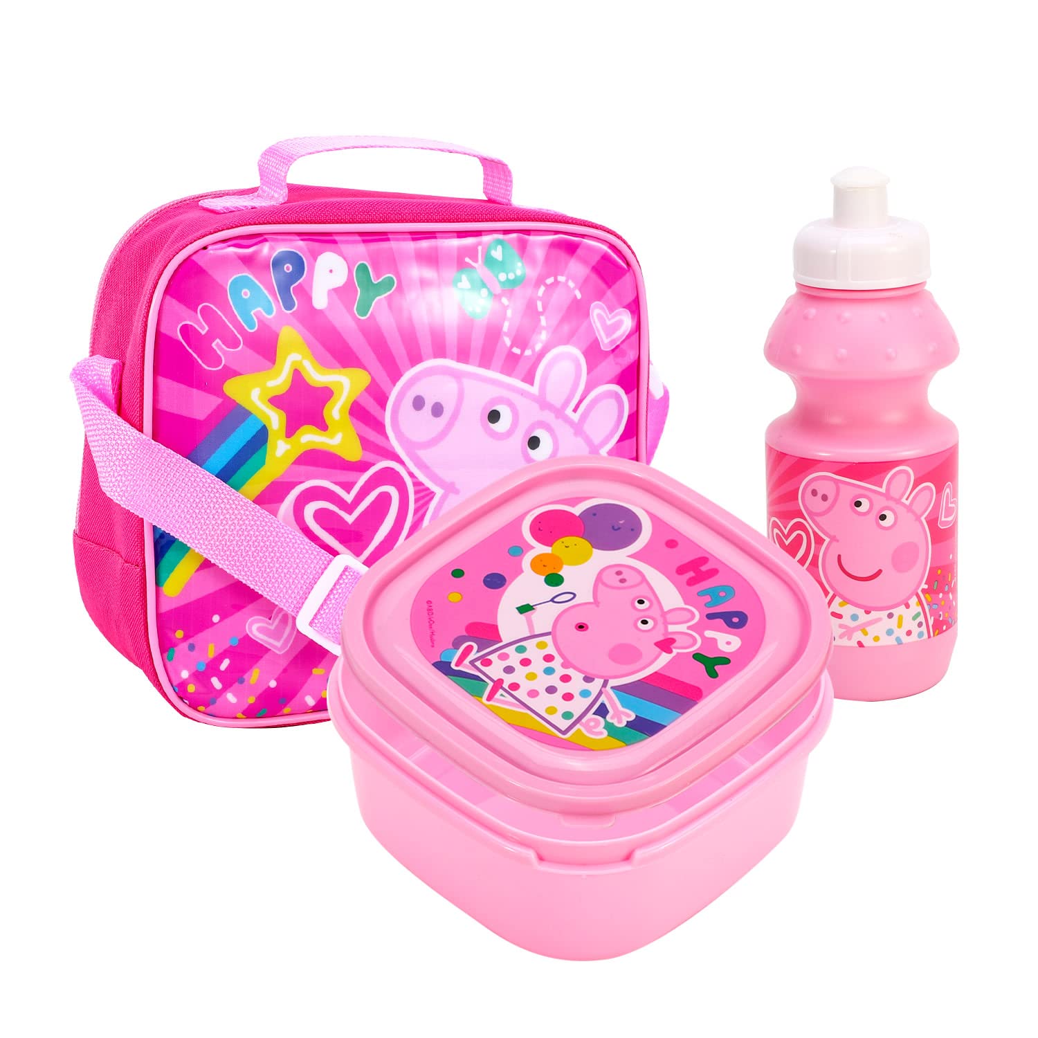 TDL Peppa Pig Pink Happy Girls Insulated 3 Piece Lunch Bag, Sandwich Box & Bottle Set for School & Travel