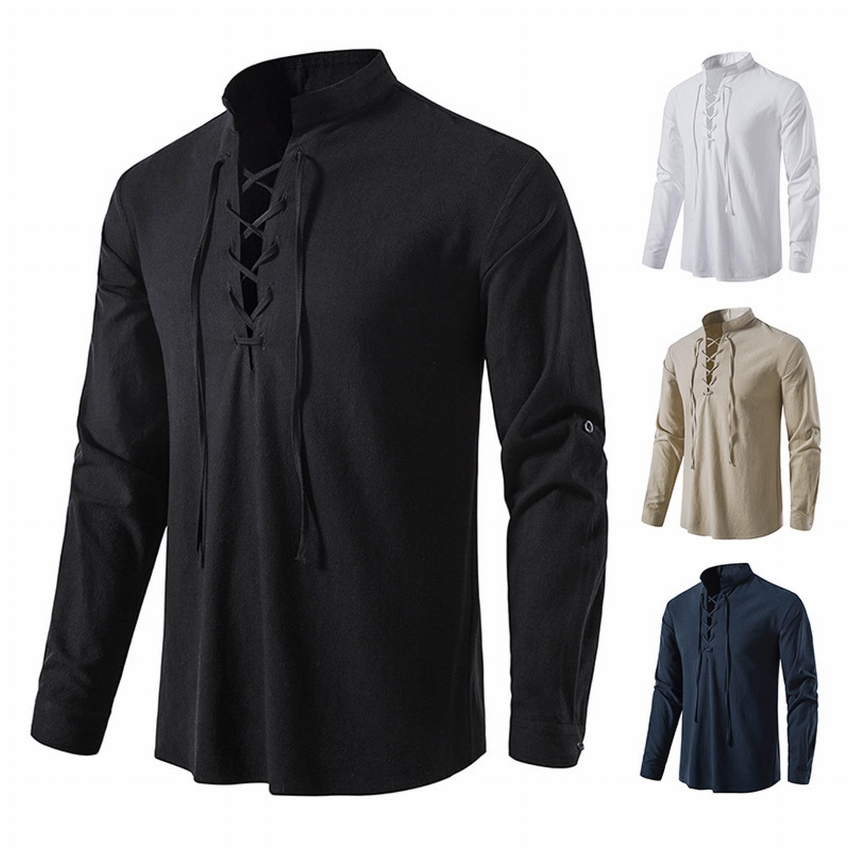 Uomo Camicia retrò con Lacci Costume Medievale Punk Shirt Maniche Lunghe Halloween Hippie