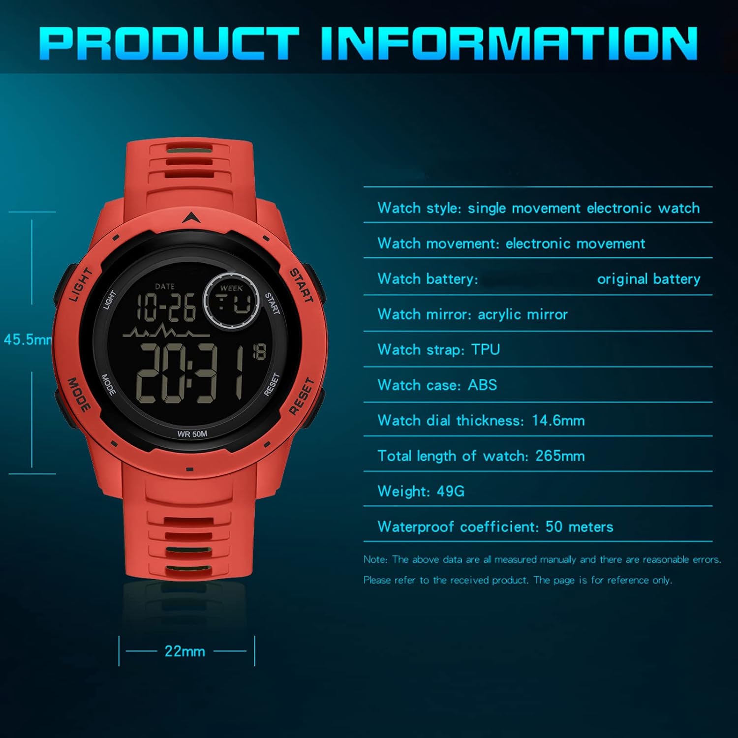 findtime Red Mens Digital Sports Watch for Women, Reloj para Hombre Tactical Military 5ATM Waterproof Watches for Men with LED Back Ligh/Alarm/Date/12/24H Stopwatch Outdoor Unisex