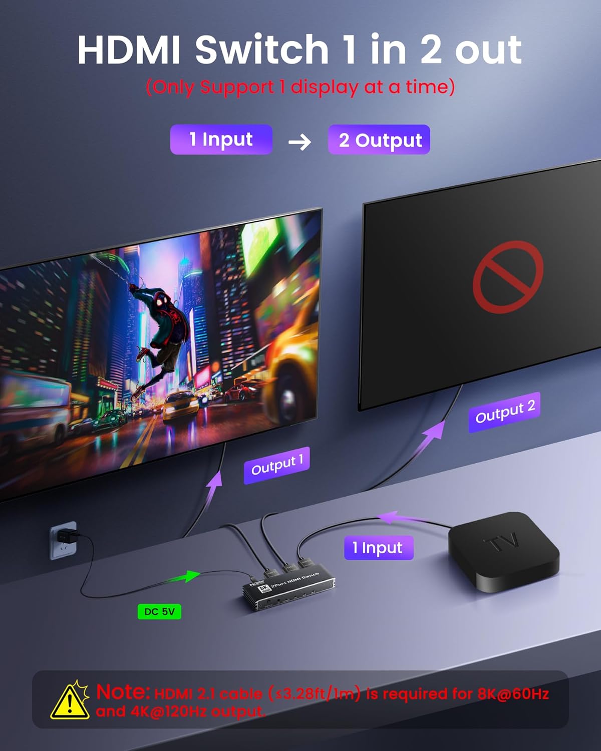 Diagram for 1 In 2 Out HDMI switch setup