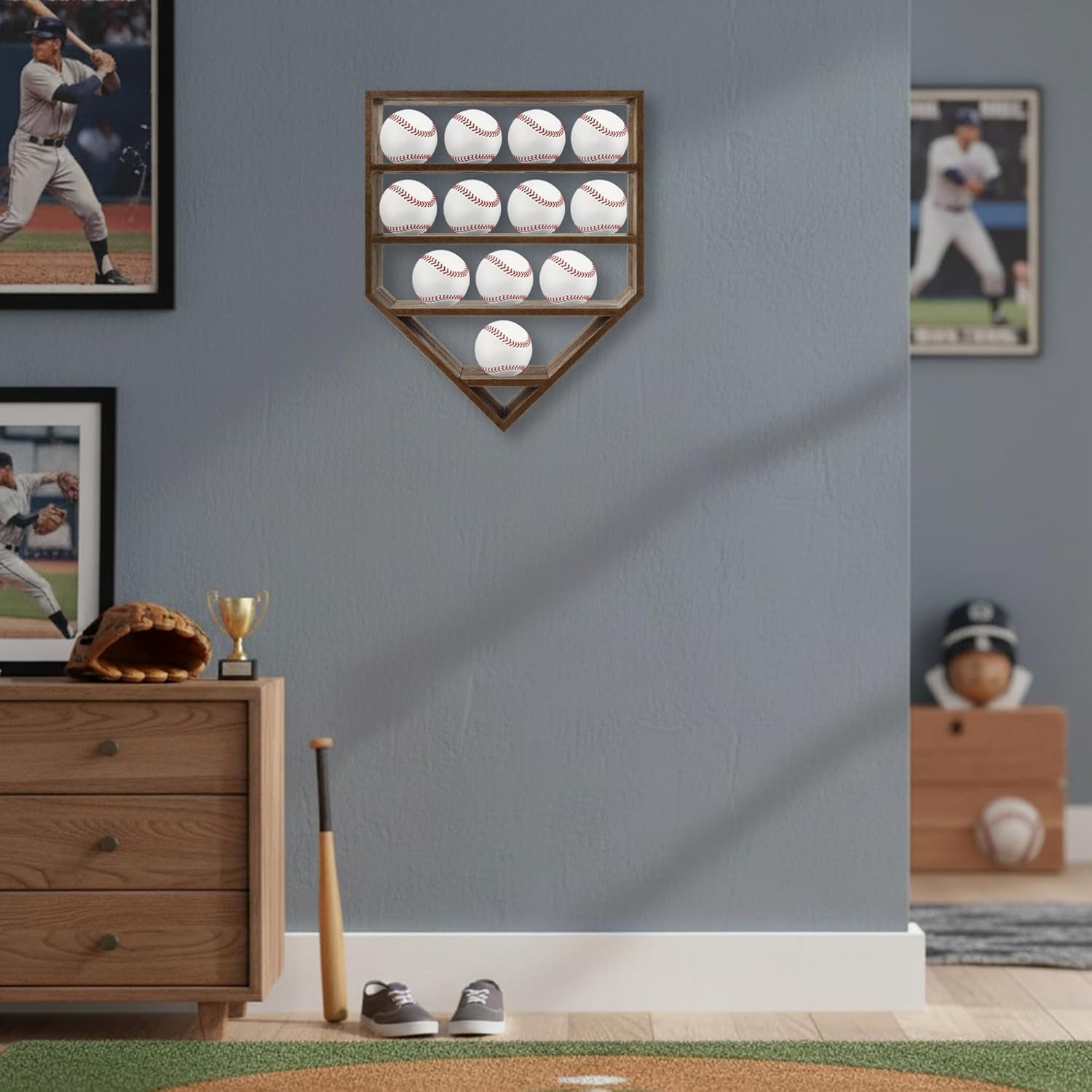 Baseball Display Case,Baseball Holders for Balls,12.8x16 inches Large Carbonized Shadow Box for 12 Baseballs Wall Mount,Without Door,for Home Run and Collector Autograph Balls