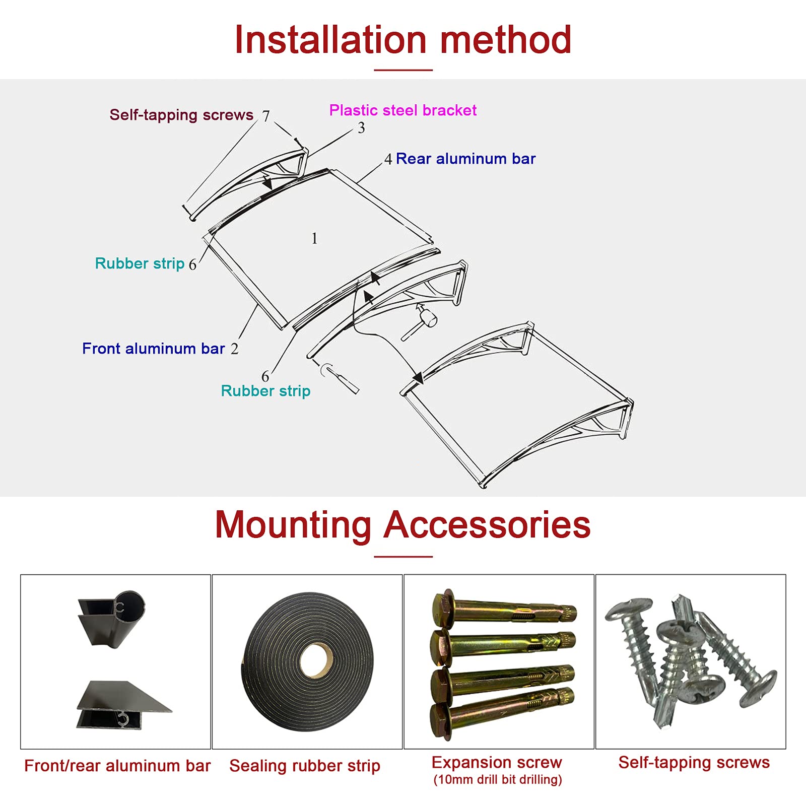 Vordach für Haustür mit Großem Waschbecken aus Aluminiumlegierung,Haustürvordach Fenstermarkise,Polycarbonat Rundbogenvordach,Beidseitiger Abfluss,für Balkon-Traufe-Garten (120x320cm/47 x126)