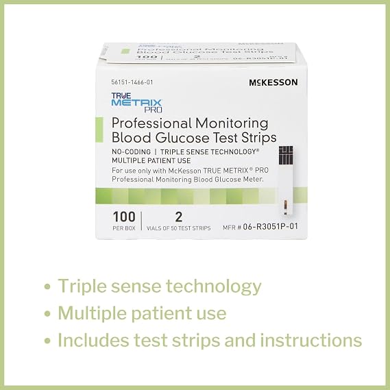 McKesson TRUE METRIX PRO Professional Monitoring Blood Glucose Test Strips - No Coding, Triple Sense Technology, Multiple Patient Use - Vials of Strips, 100 Strips, 12 Packs, 1200 Total