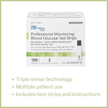McKesson TRUE METRIX PRO Professional Monitoring Blood Glucose Test Strips - No Coding, Triple Sense Technology, Multiple Patient Use - Vials of Strips, 100 Strips, 12 Packs, 1200 Total