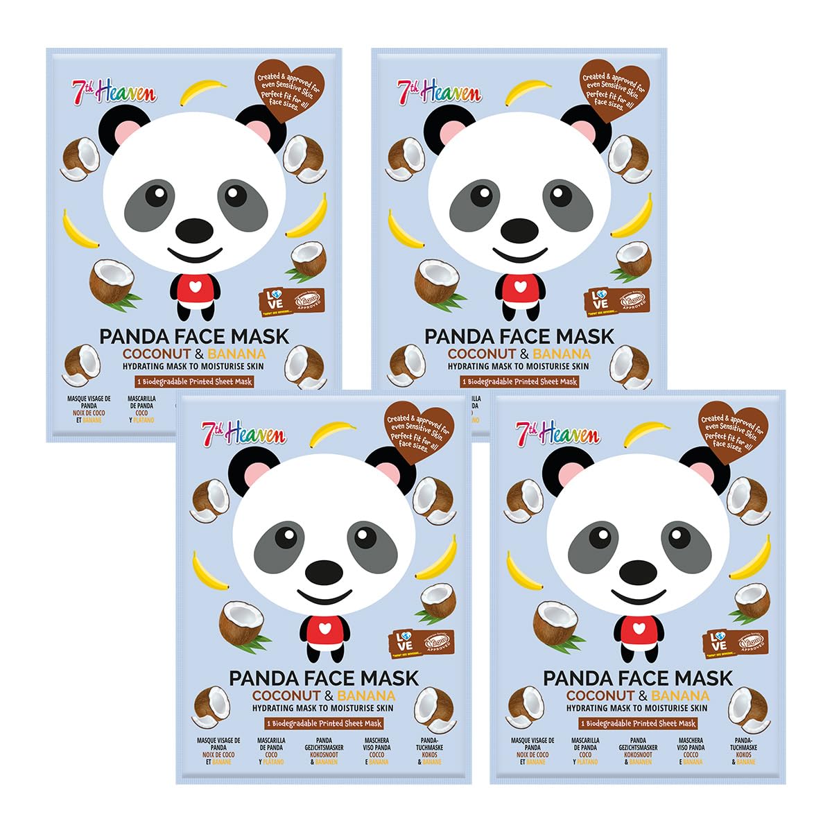 7th Heaven Panda Face Mask Multipack of 4 – Hydrating Kids & Teens Sheet Masks with Coconut & Banana – Moisturising & Soothing for All Skin Types – Cruelty-Free Skincare