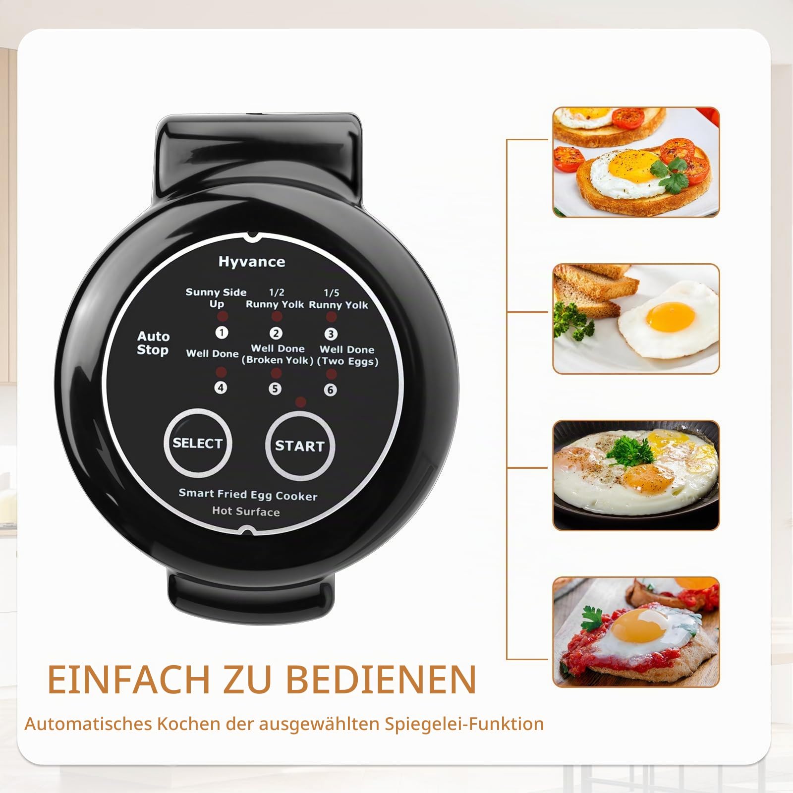 Hyvance Smart Fried Egg Cooker for 6 Fried Egg Features including Sunny Side Up, Over Easy, Fully Cooked etc. Automatic Power off and Sound Alert, Non Stick, Perfect Gadget for Breakfast (Black)