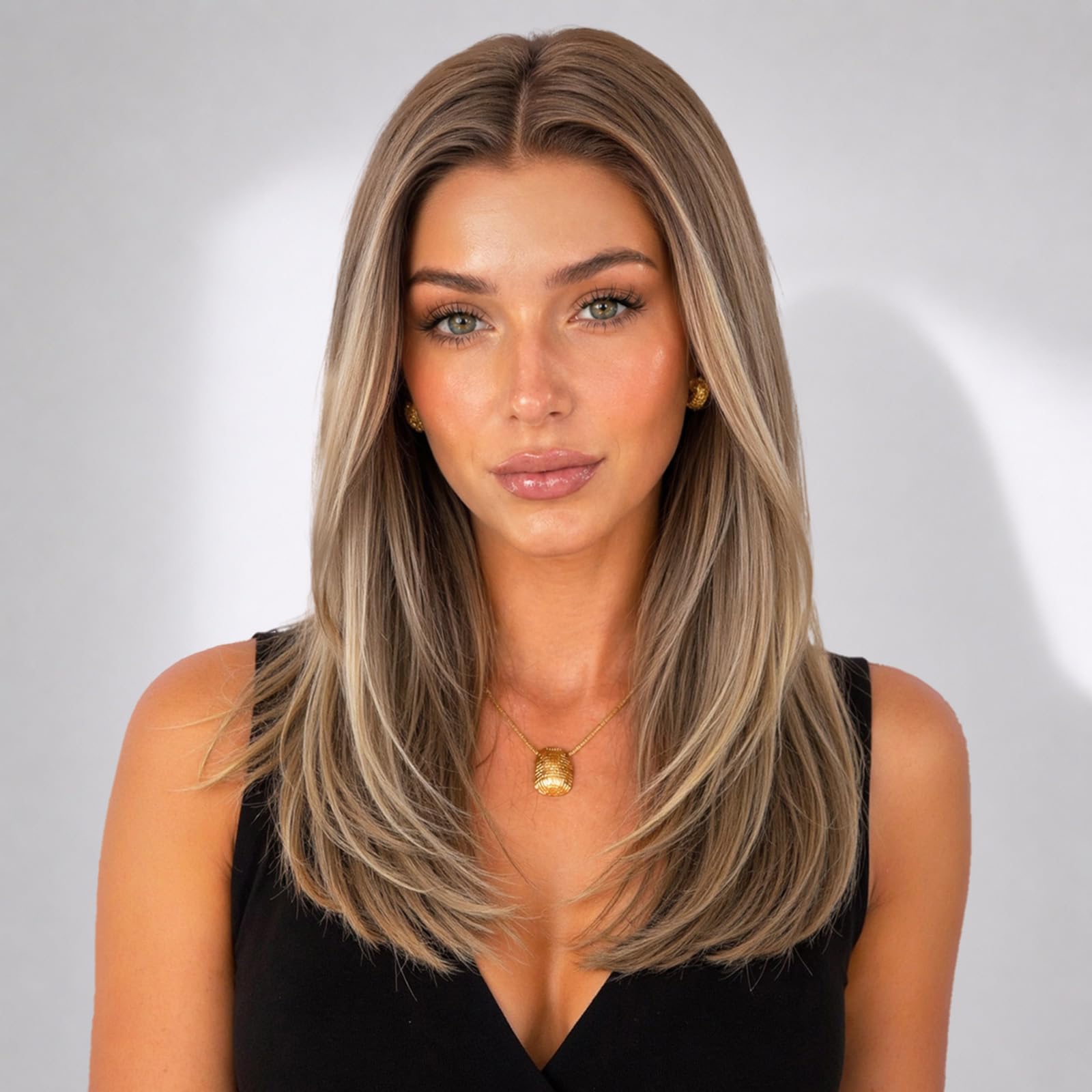 KOME Brown Highlight Human Hair Wig Blend Lace Front Wig for Women 18IN Brown Highlight #TT6/1665